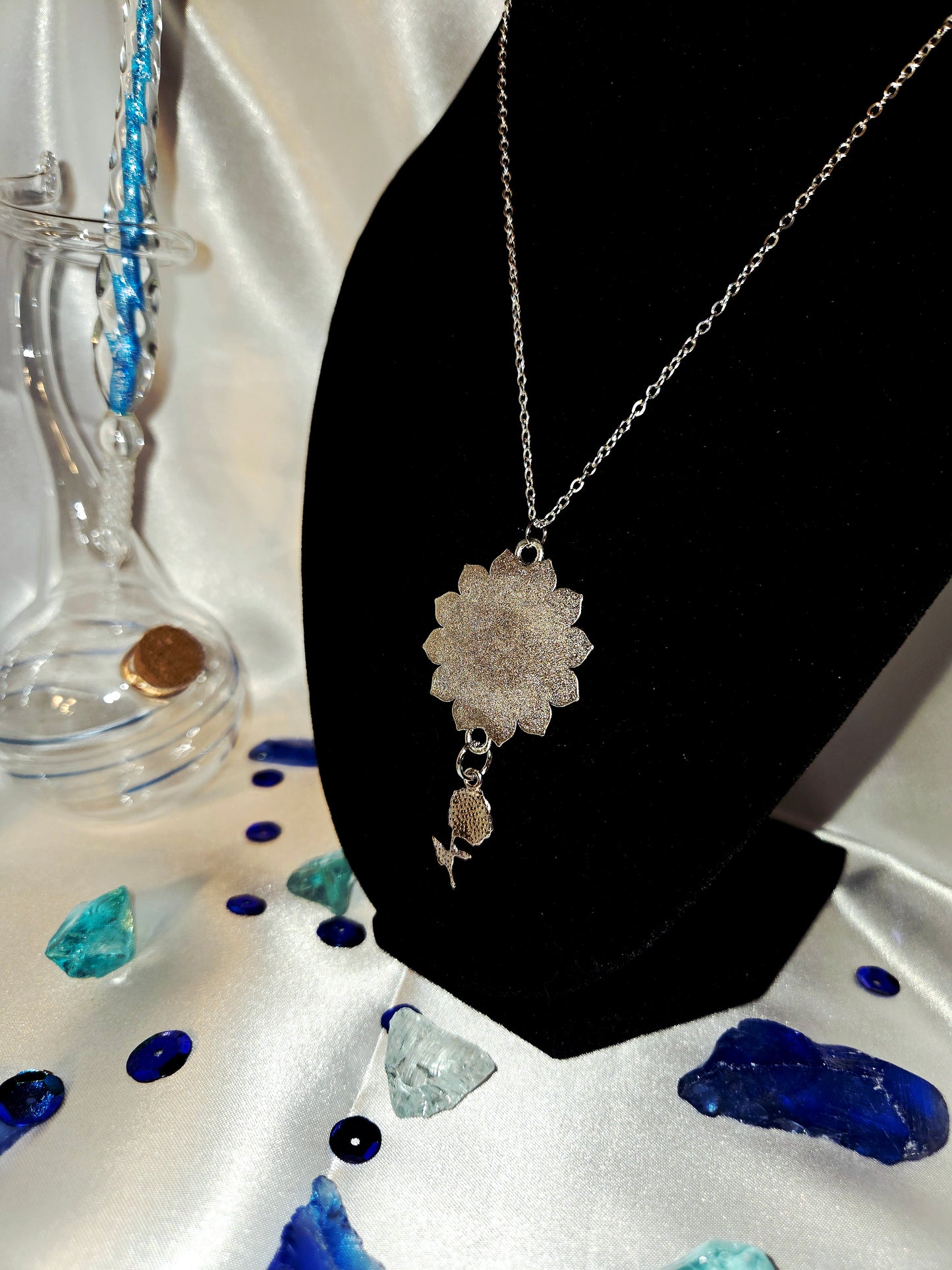 Blue Flower Necklace • Sunburst Pendant with Rose Charm • Vintage Floral Jewelry