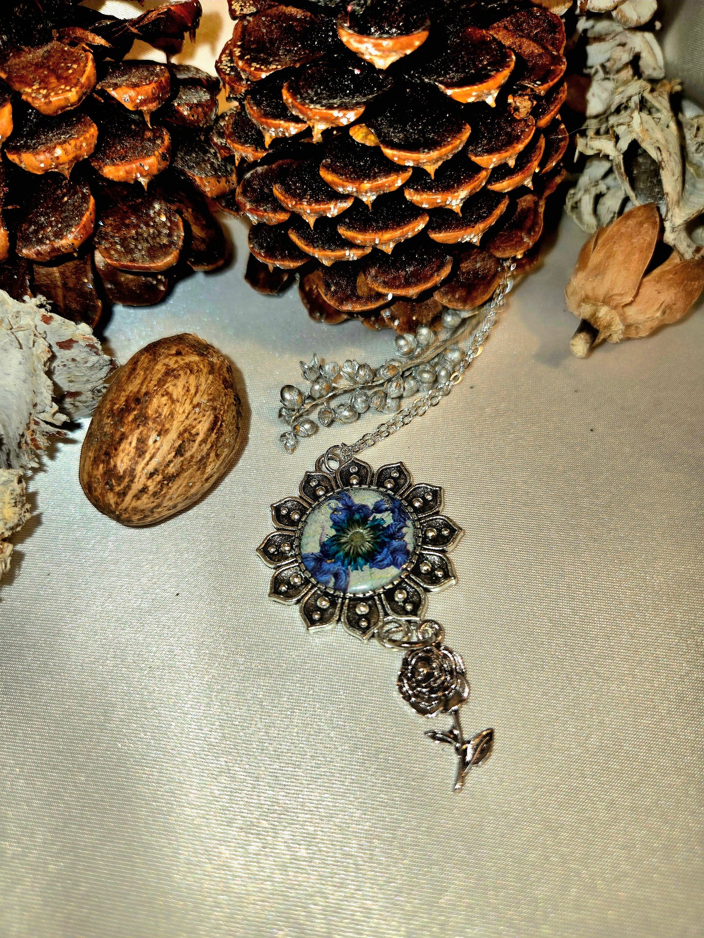 Blue Flower Necklace • Sunburst Pendant with Rose Charm • Vintage Floral Jewelry