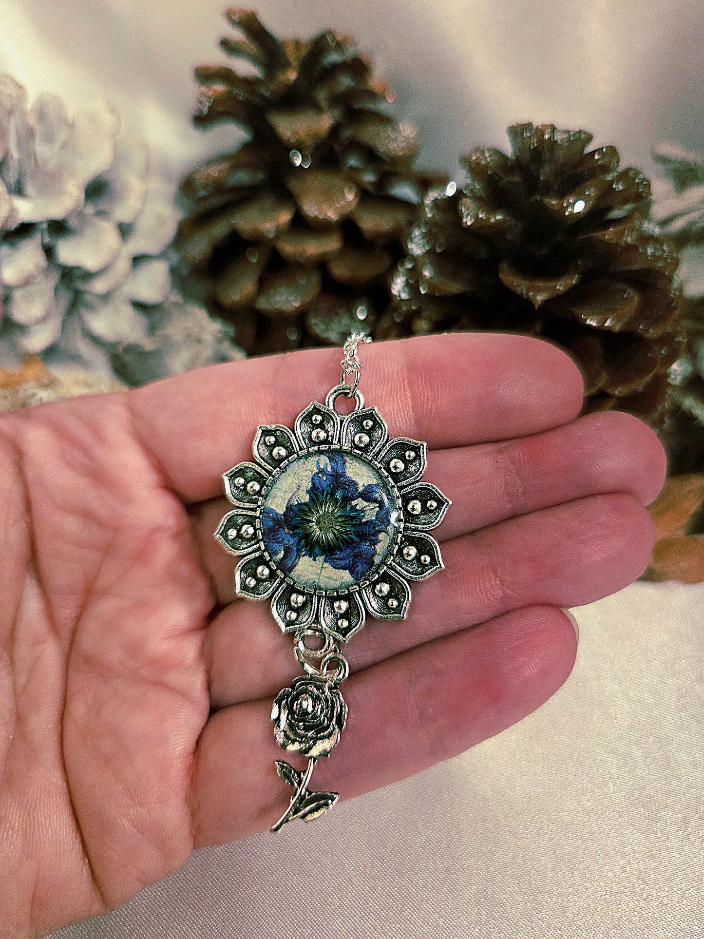 Blue Flower Necklace • Sunburst Pendant with Rose Charm • Vintage Floral Jewelry