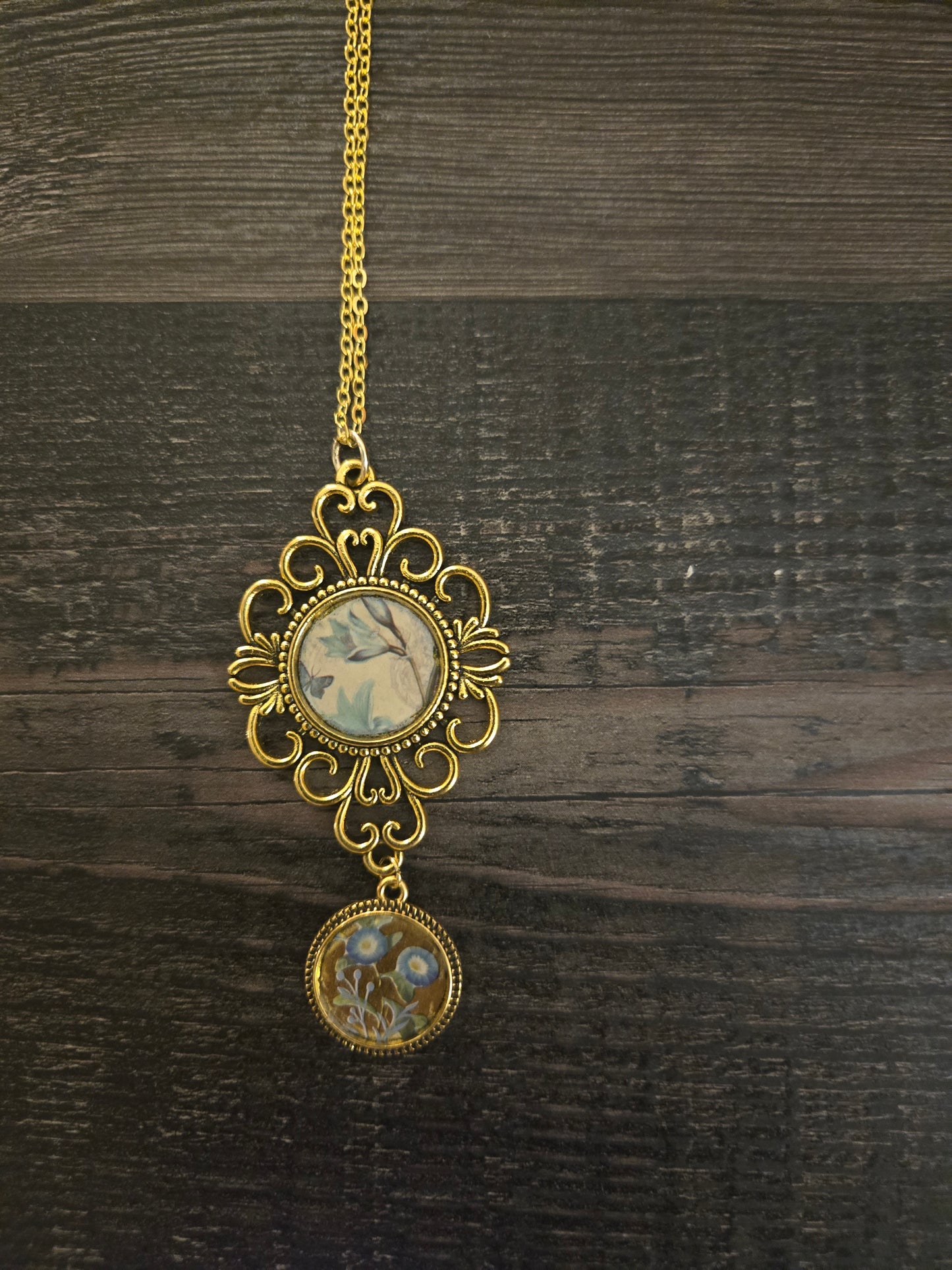 Vintage Flower Pendant Necklace – Antique Brass Double Charm Necklace – Nature Inspired