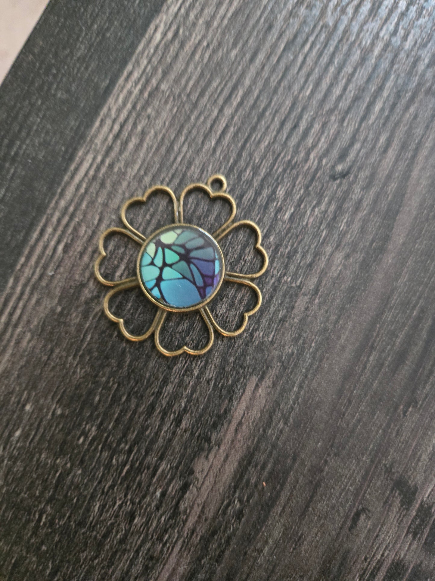 Mosaic Flower Necklace: Handmade Blue Green Glass Pendant
