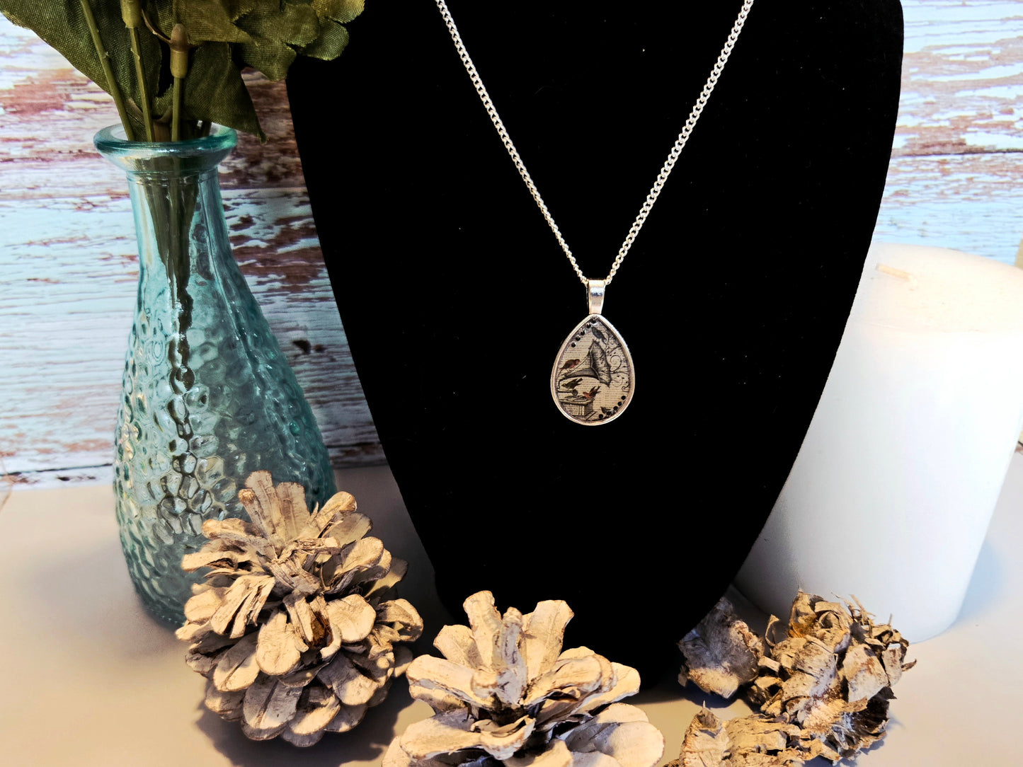 Whimsical Teardrop Pendant Necklace: Vintage Bird Collage, Resin Charm