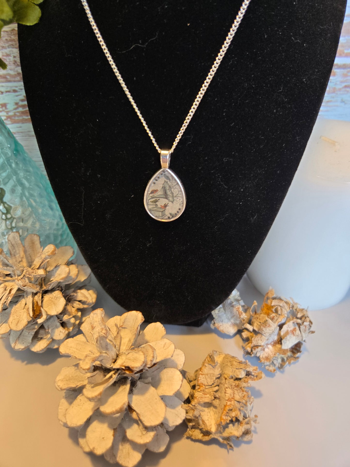 Whimsical Teardrop Pendant Necklace: Vintage Bird Collage, Resin Charm