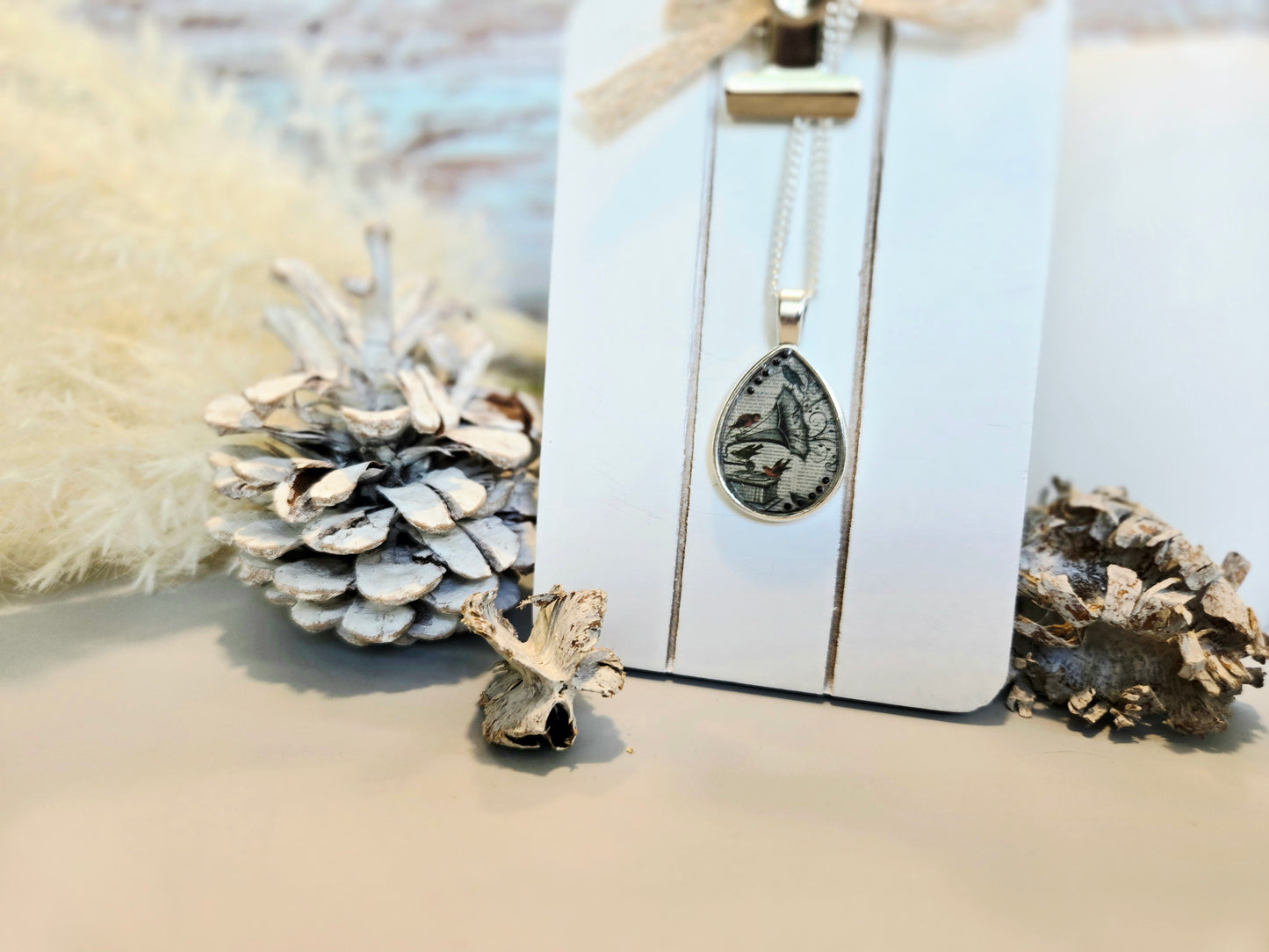 Whimsical Teardrop Pendant Necklace: Vintage Bird Collage, Resin Charm