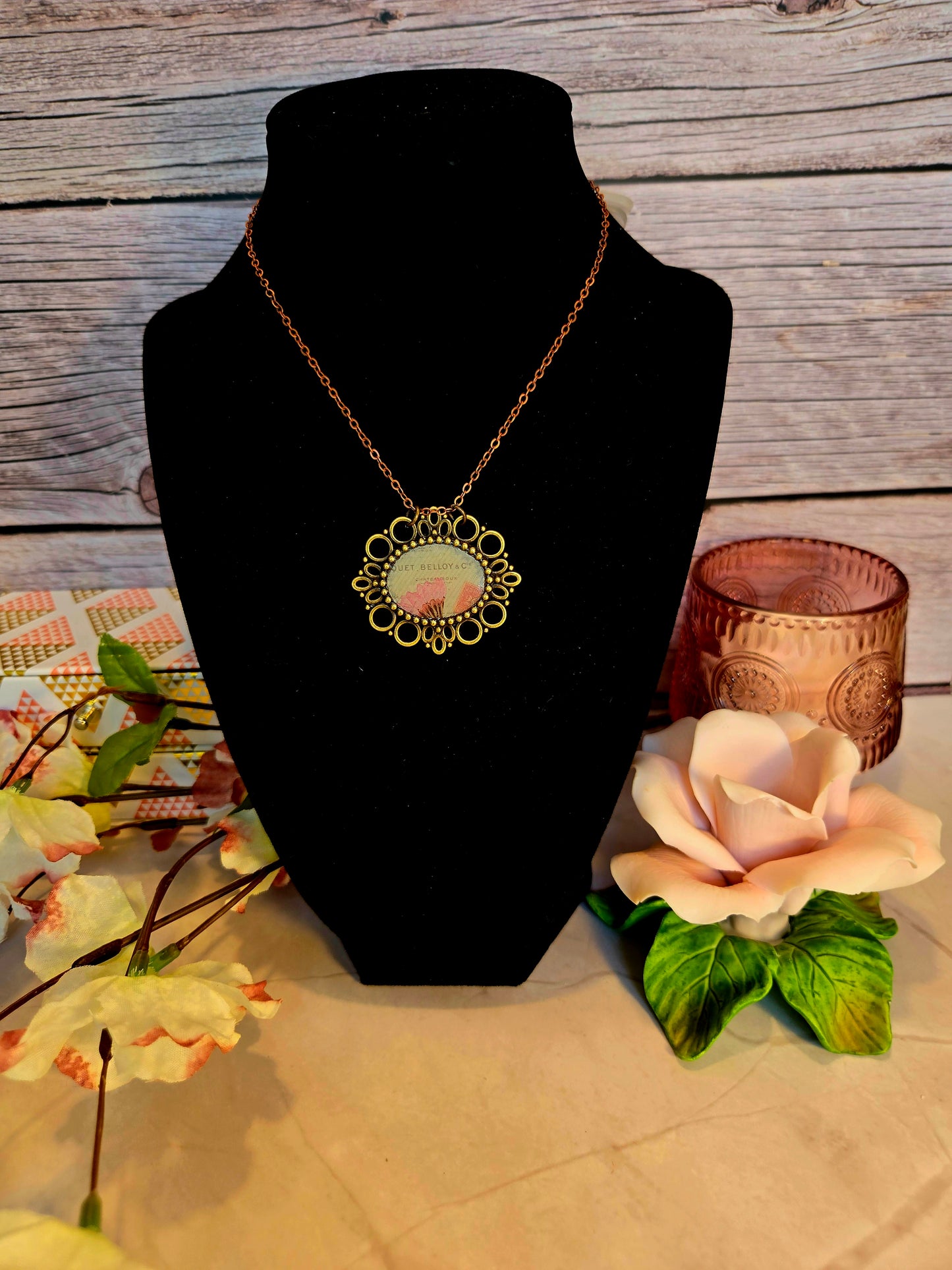 Vintage French Botanical Necklace – Pink Poppy Floral Pendant – Antique Bronze