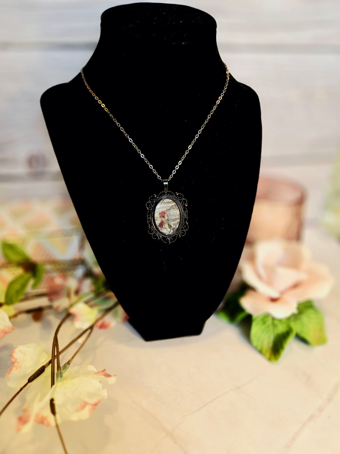 Gothic Victorian Rose Necklace on a Black Pendant