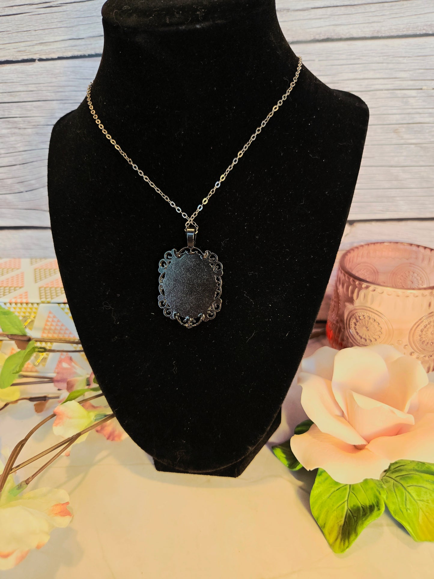 Gothic Victorian Rose Necklace on a Black Pendant