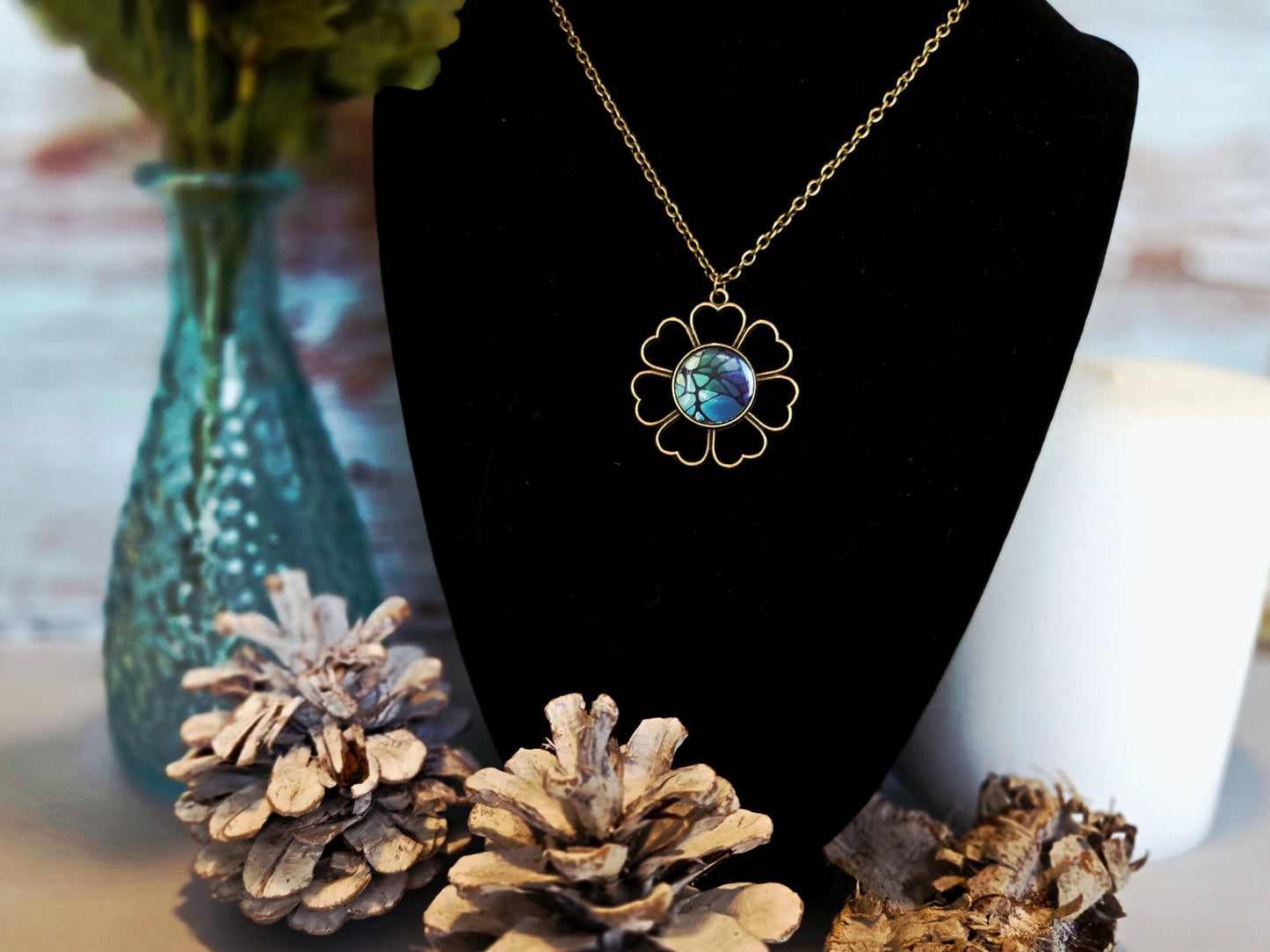 Mosaic Flower Necklace: Handmade Blue Green Glass Pendant