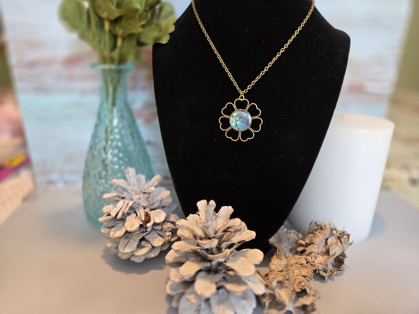 Mosaic Flower Necklace: Handmade Blue Green Glass Pendant
