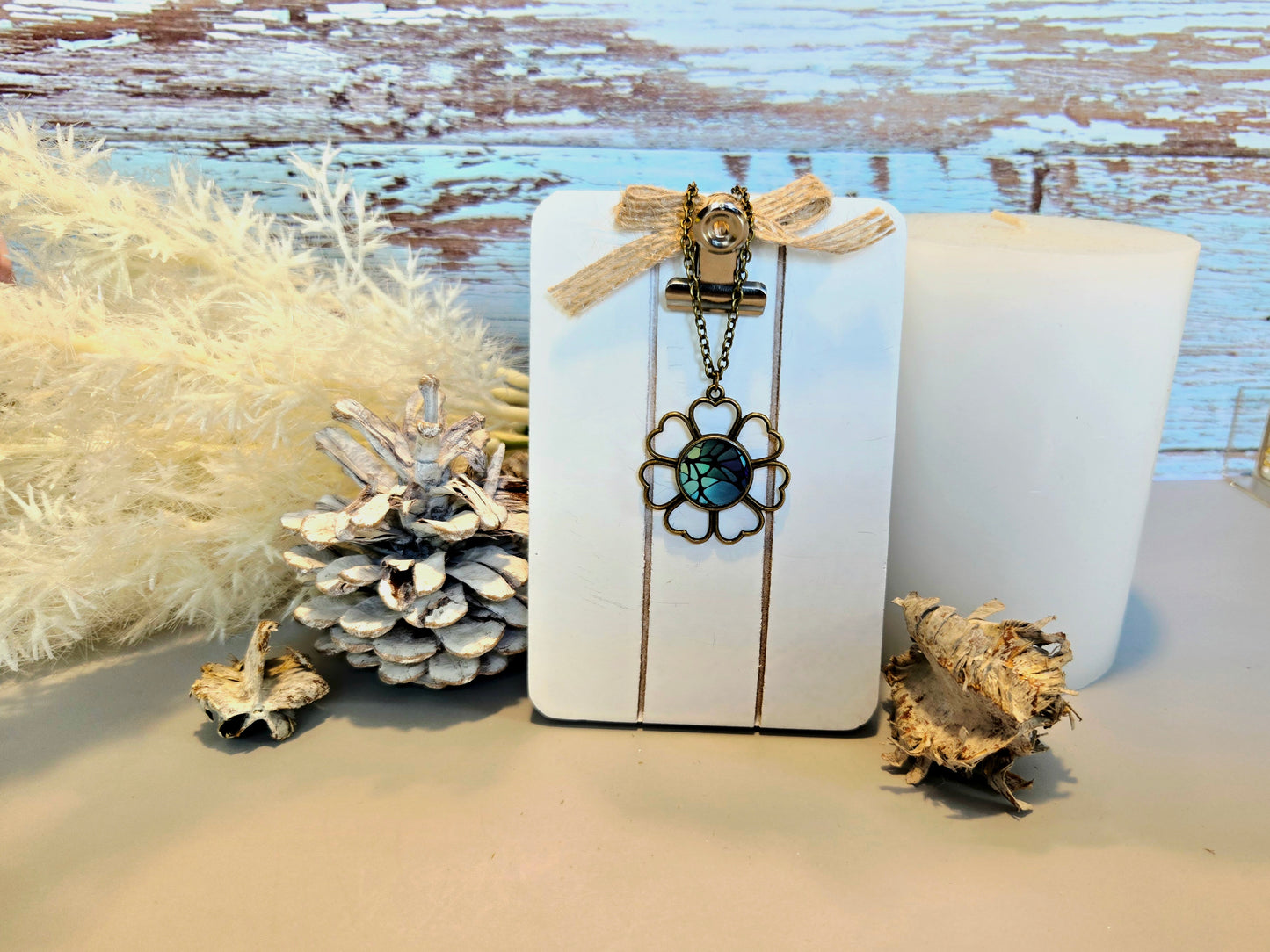 Mosaic Flower Necklace: Handmade Blue Green Glass Pendant