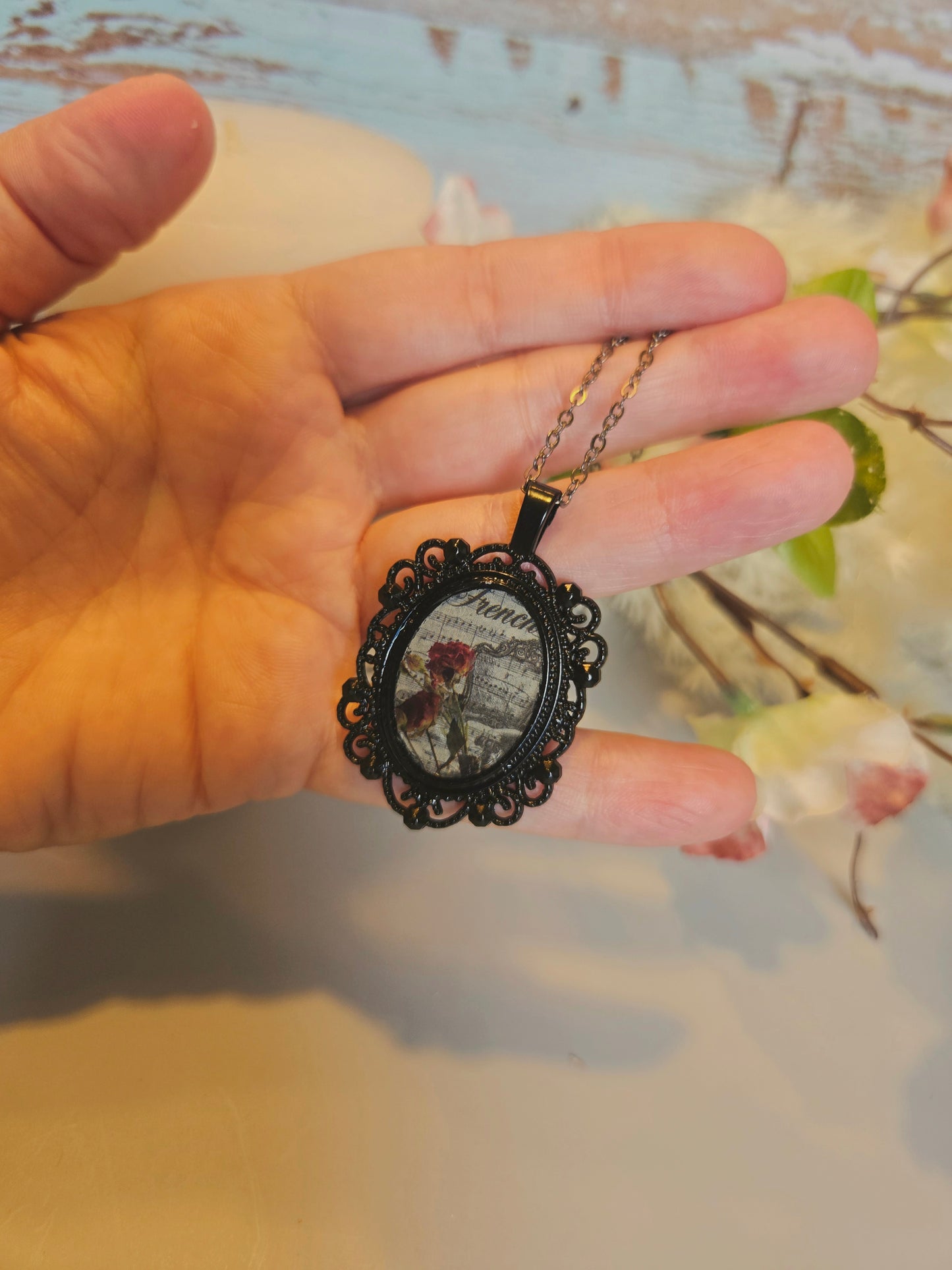 Gothic Victorian Rose Necklace on a Black Pendant
