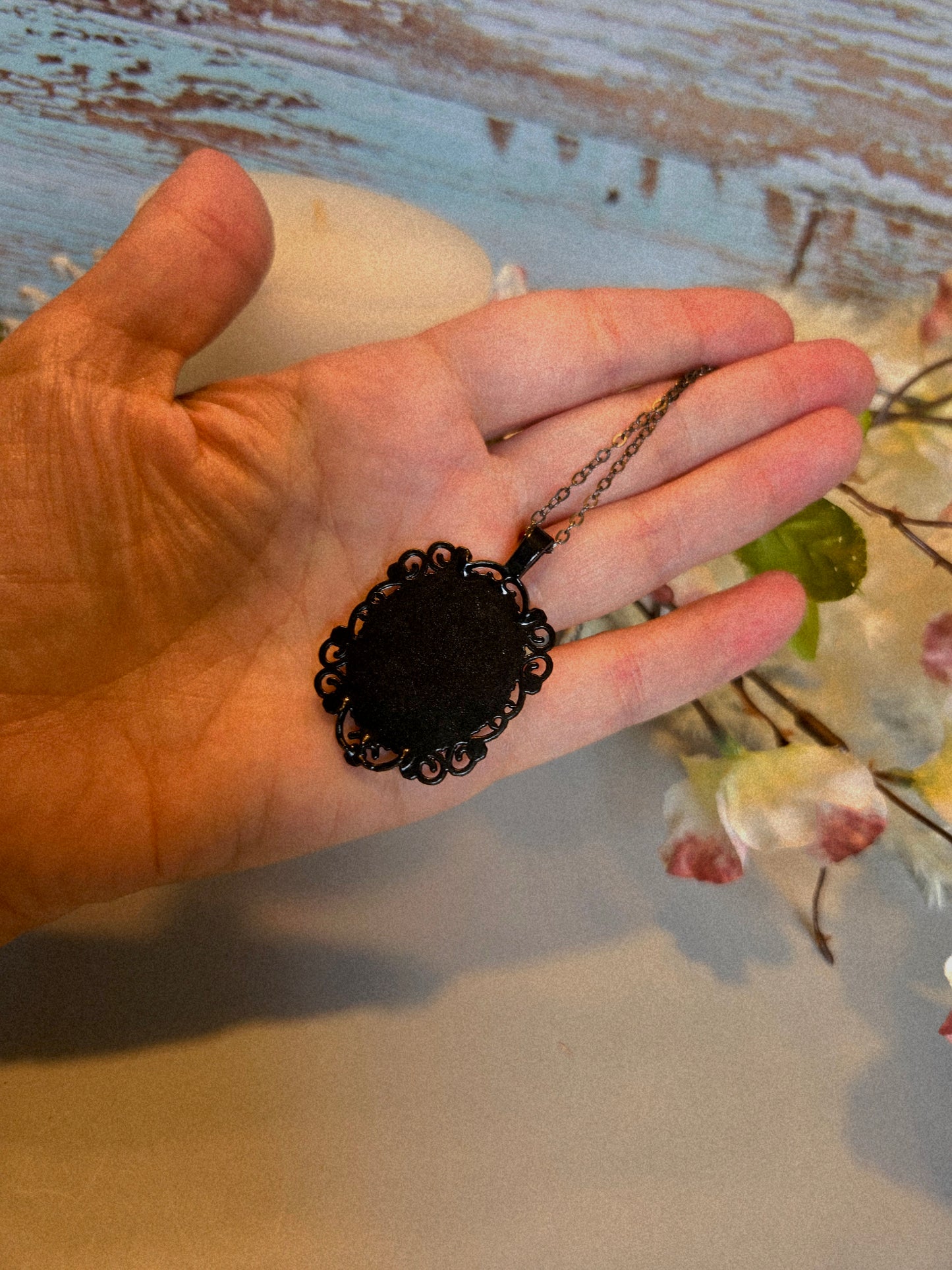 Gothic Victorian Rose Necklace on a Black Pendant
