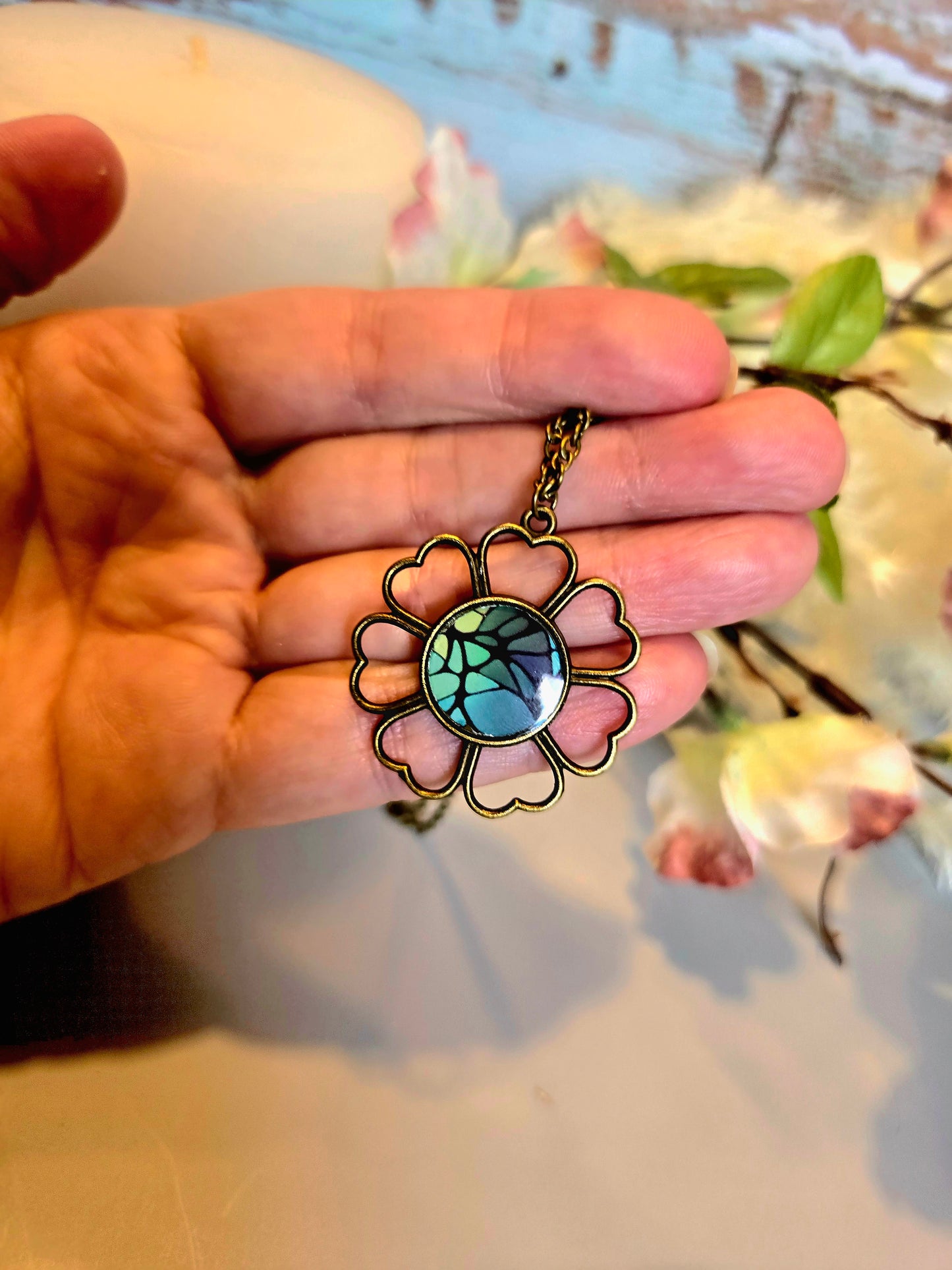 Mosaic Flower Necklace: Handmade Blue Green Glass Pendant