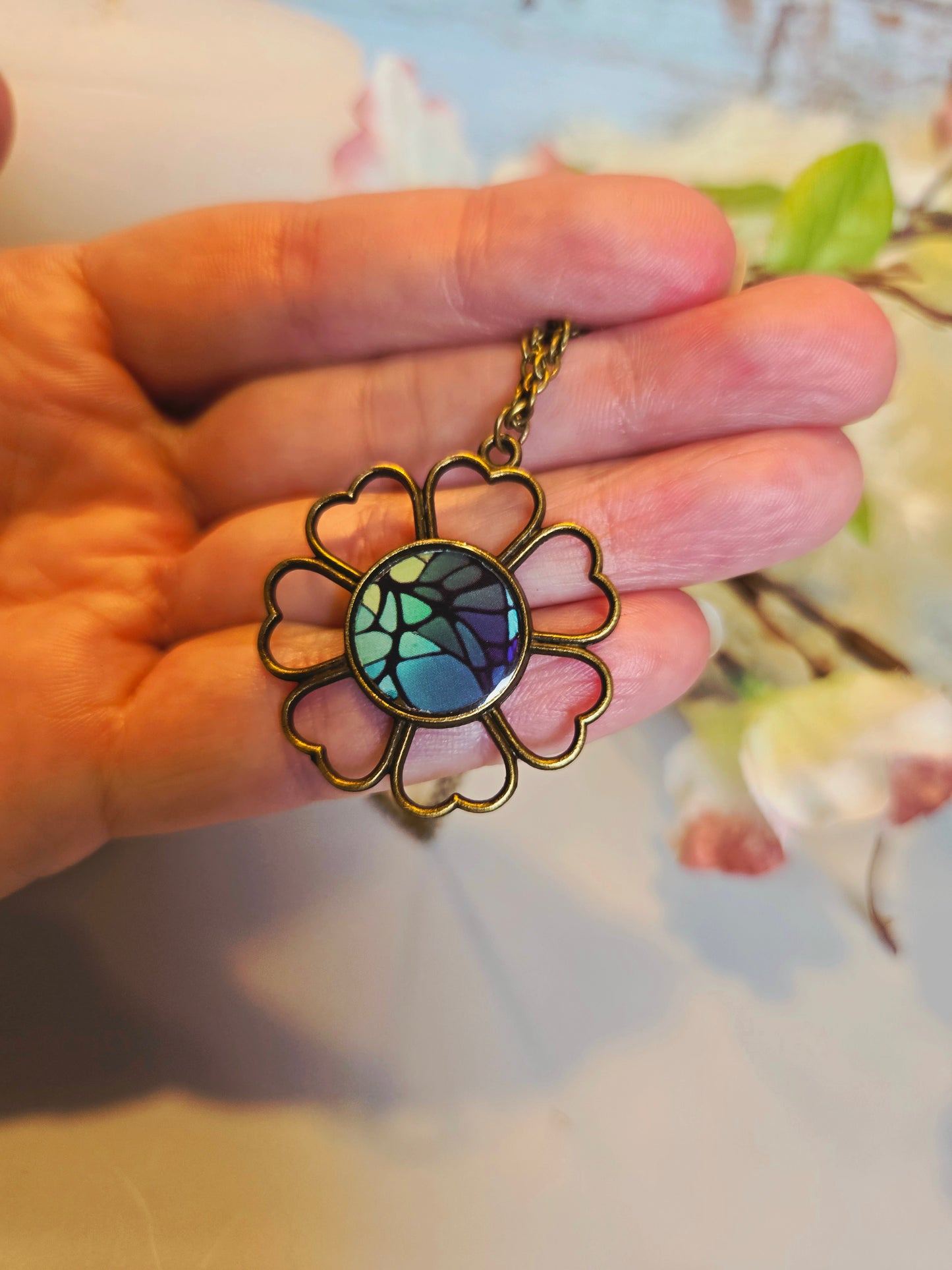 Mosaic Flower Necklace: Handmade Blue Green Glass Pendant