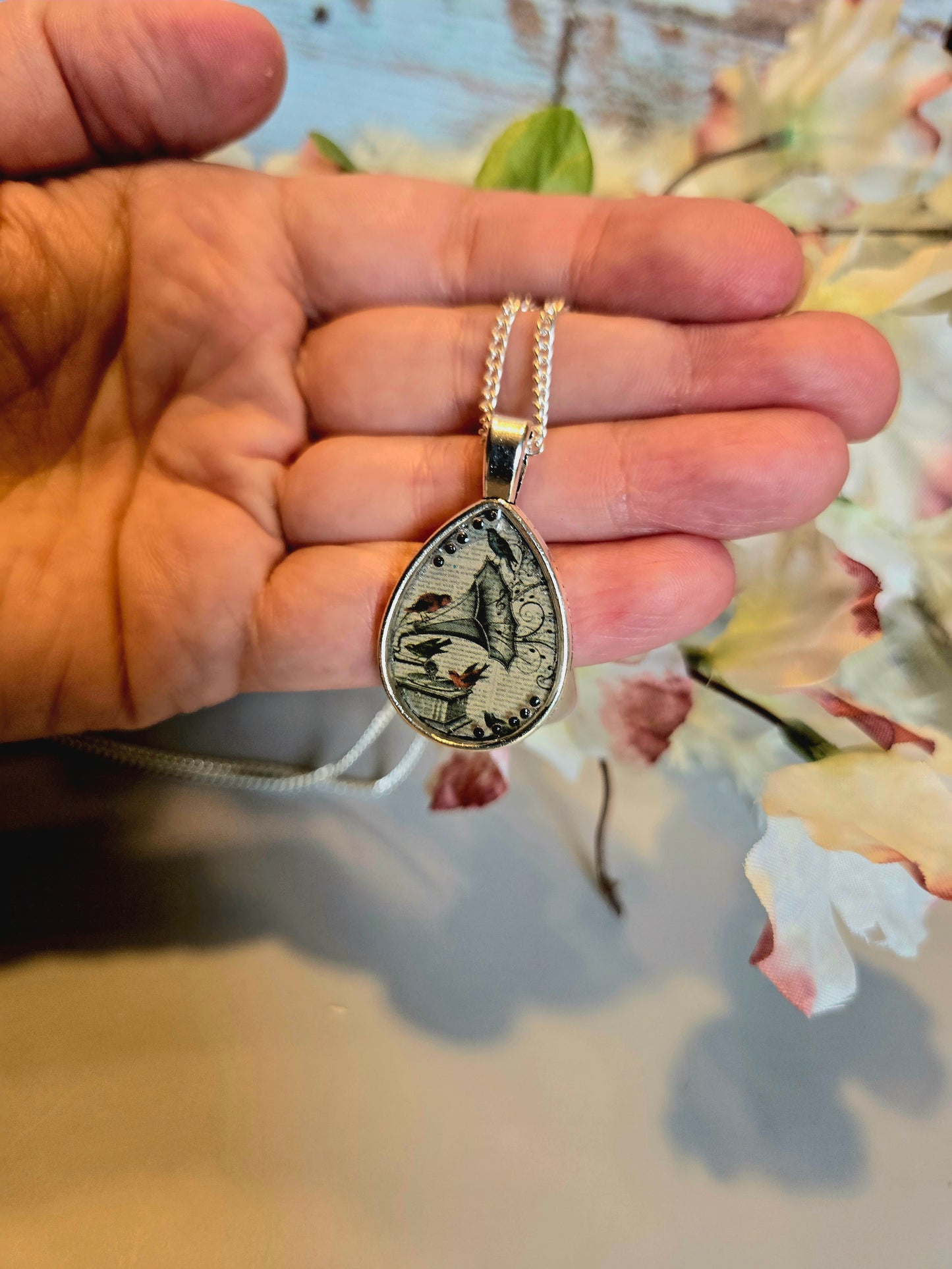 Whimsical Teardrop Pendant Necklace: Vintage Bird Collage, Resin Charm
