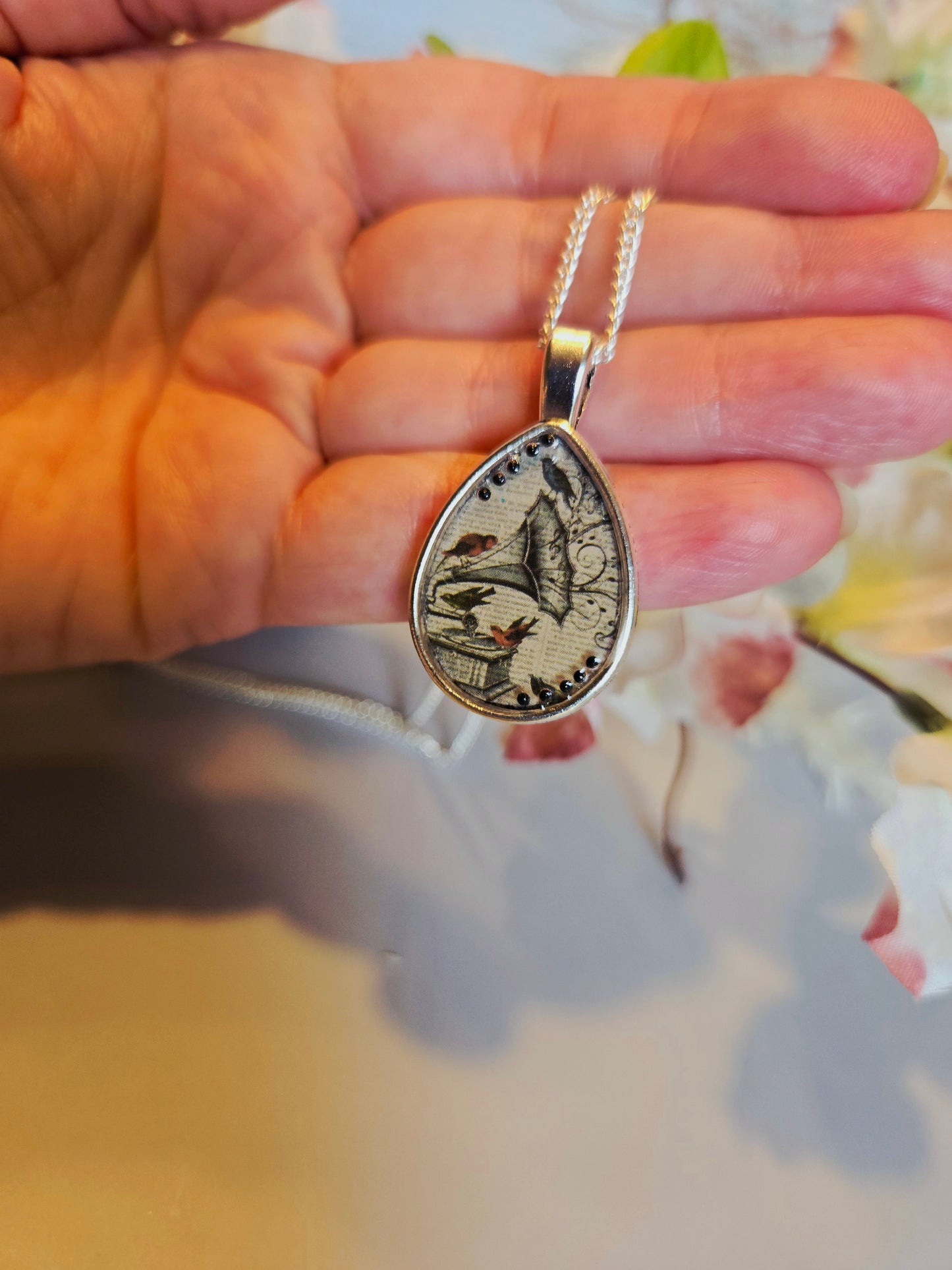 Whimsical Teardrop Pendant Necklace: Vintage Bird Collage, Resin Charm