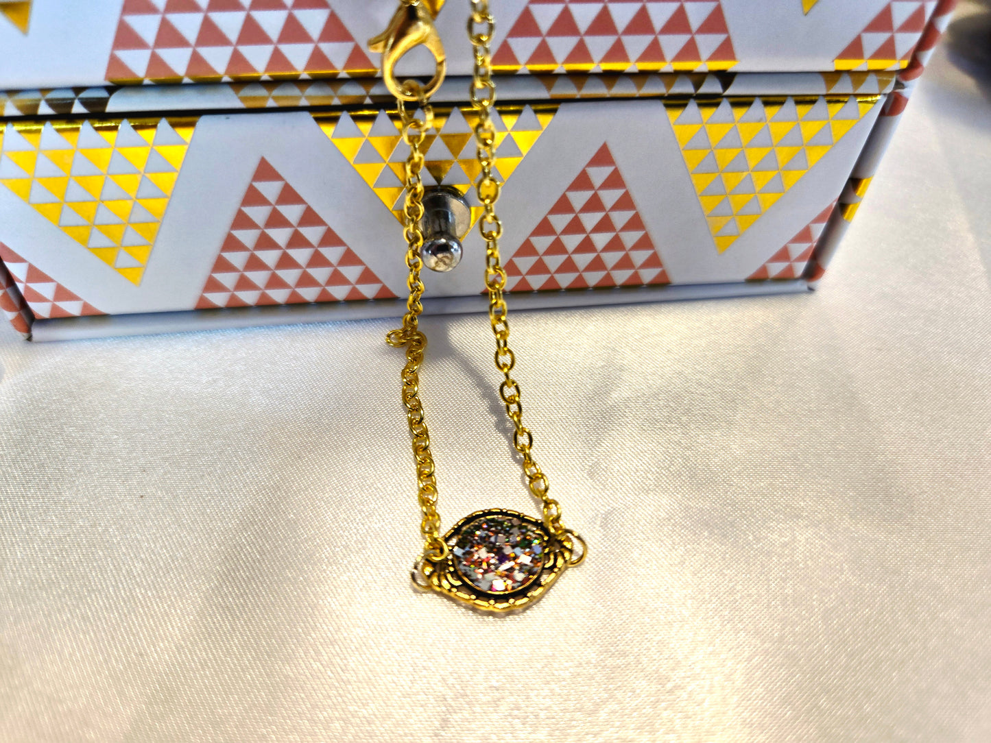 Boho Druzy Flower Bracelet: Antique Bronze Chain, Enamel Charm