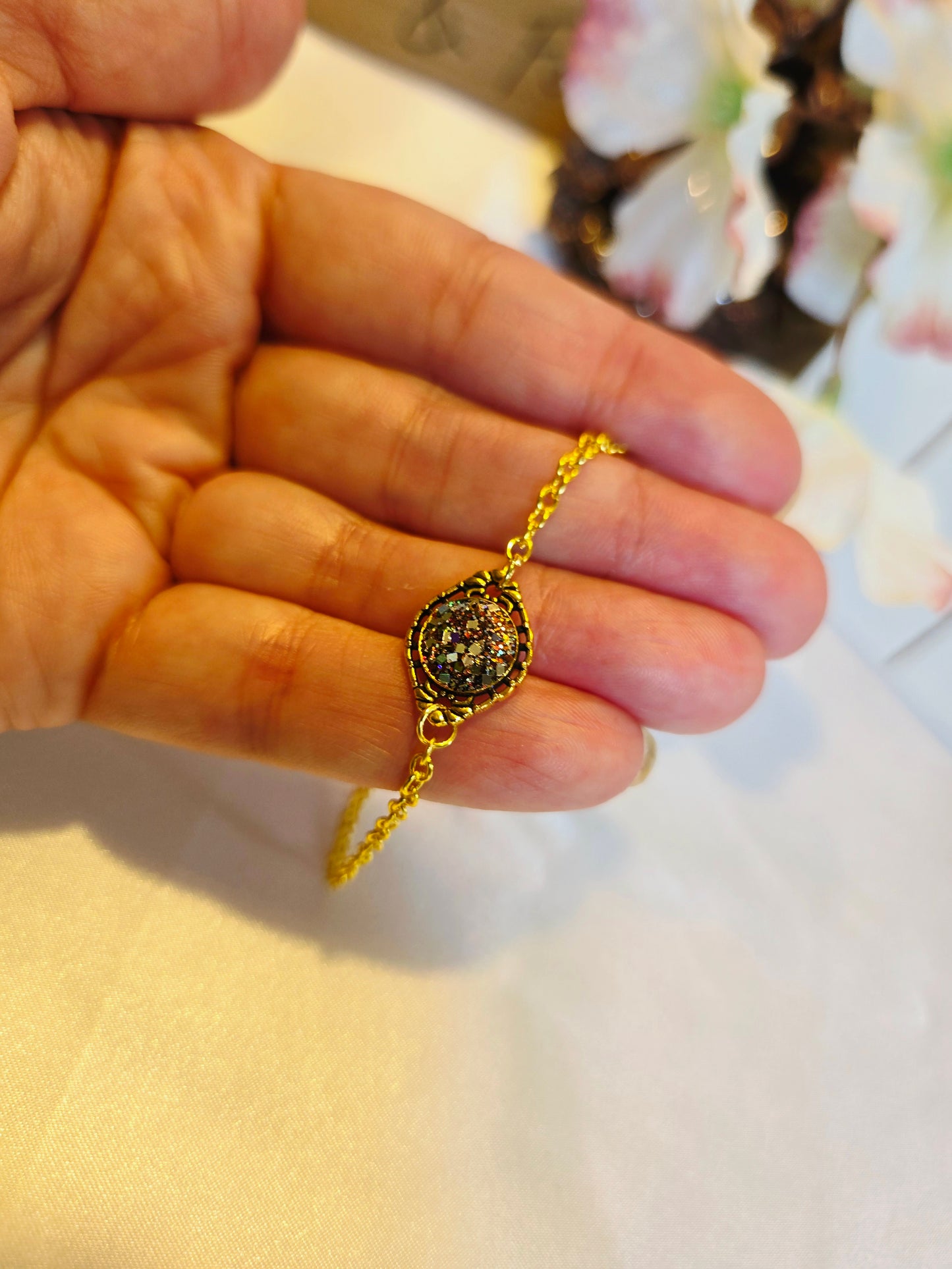 Boho Druzy Flower Bracelet: Antique Bronze Chain, Enamel Charm