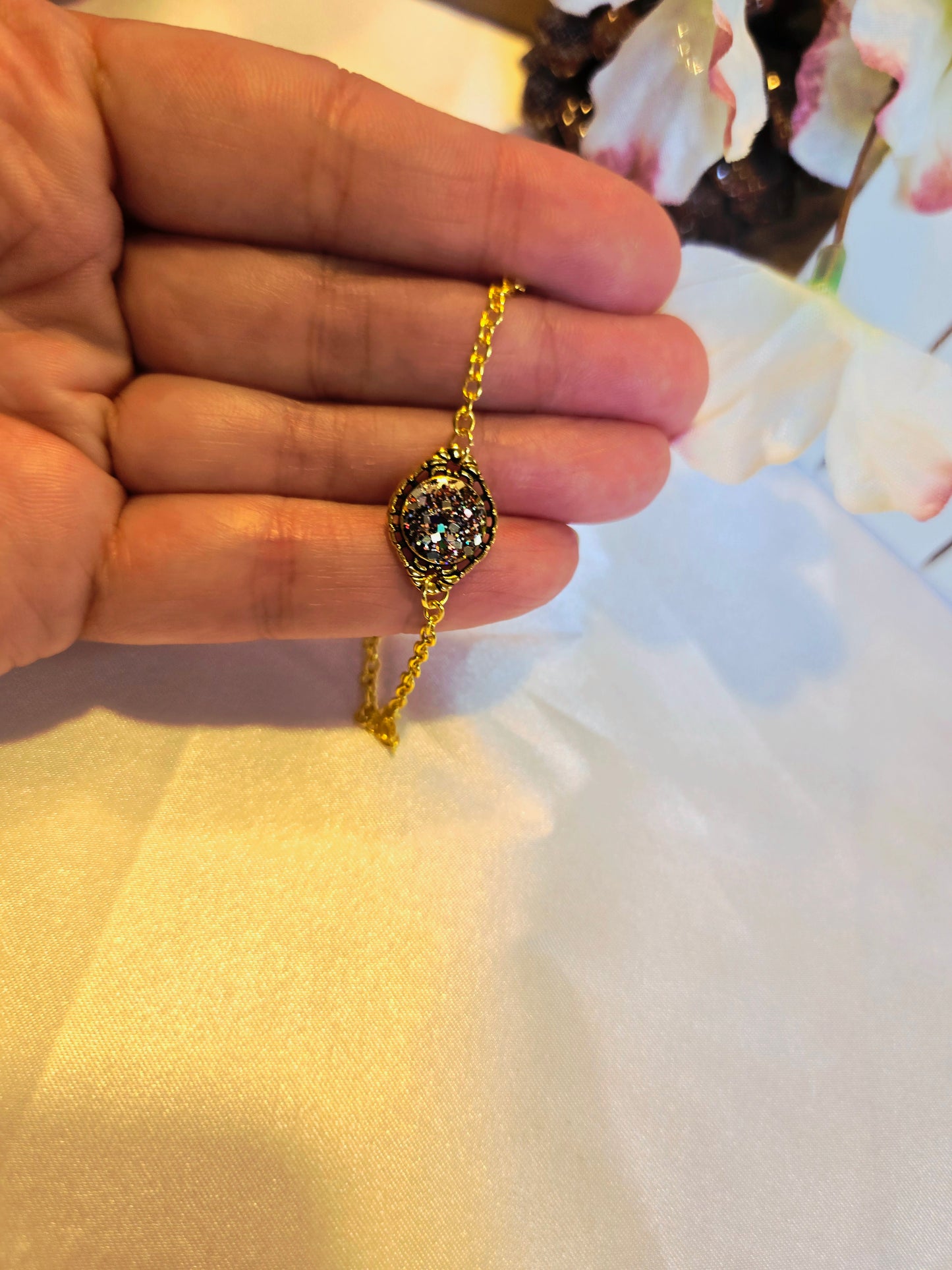 Boho Druzy Flower Bracelet: Antique Bronze Chain, Enamel Charm