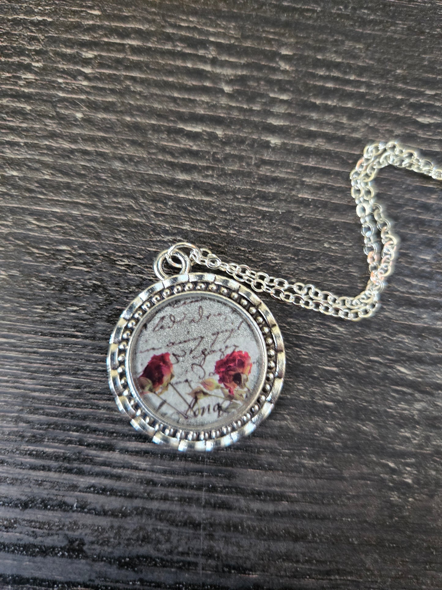 Vintage Rose Pendant Necklace: Antique Silver Script Jewelry