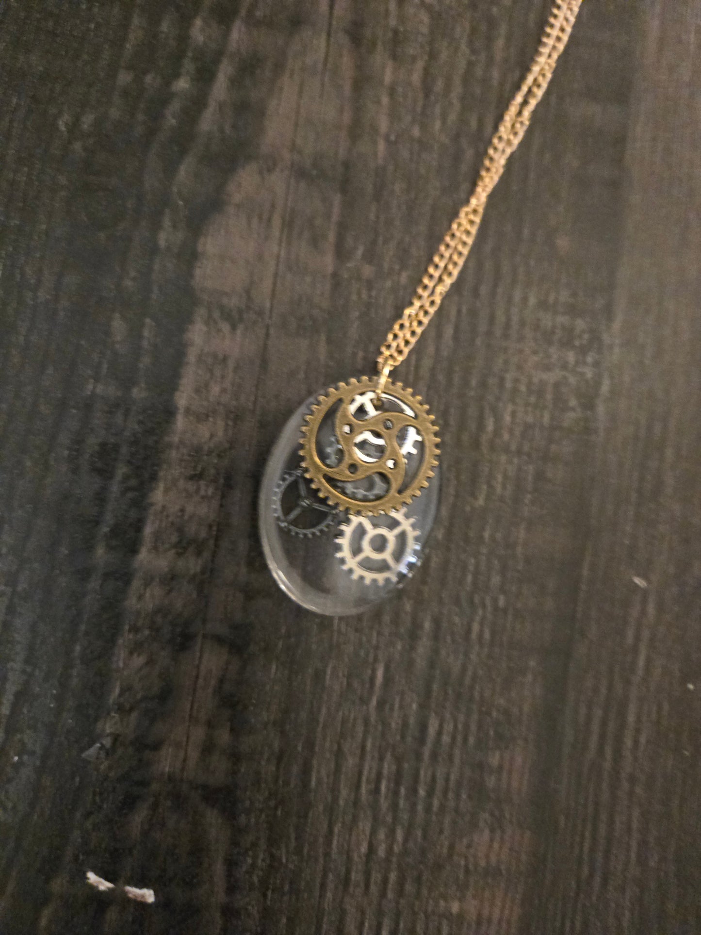 Steampunk Gear Necklace: Gold & Silver Resin Pendant