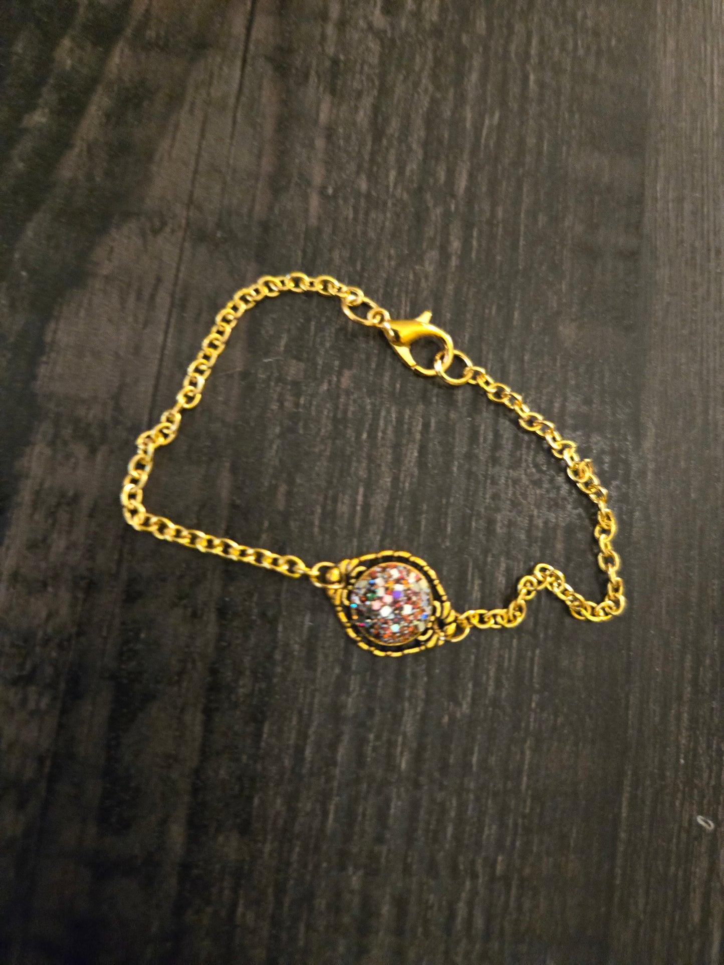 Boho Druzy Flower Bracelet: Antique Bronze Chain, Enamel Charm