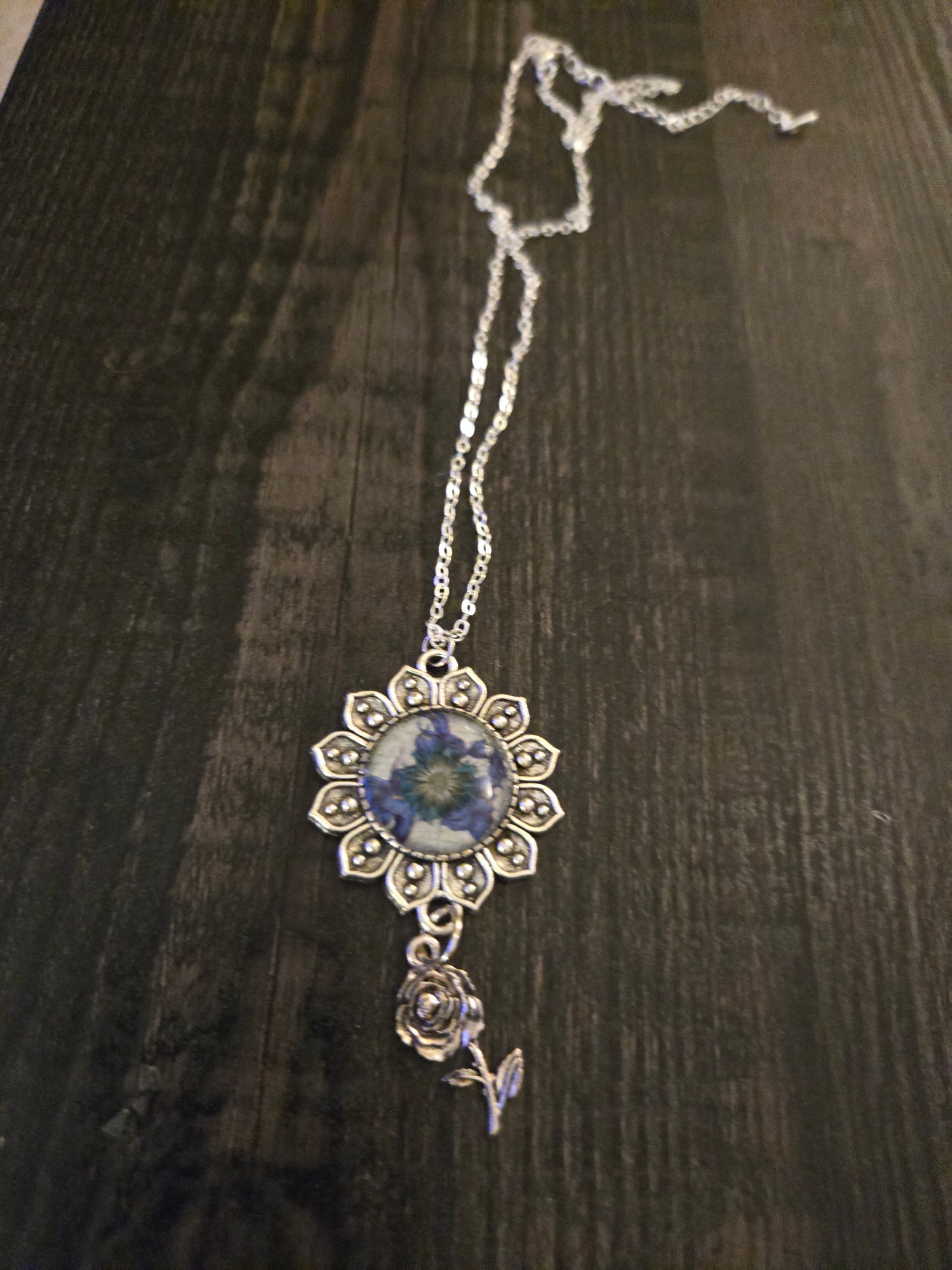 Blue Flower Necklace • Sunburst Pendant with Rose Charm • Vintage Floral Jewelry