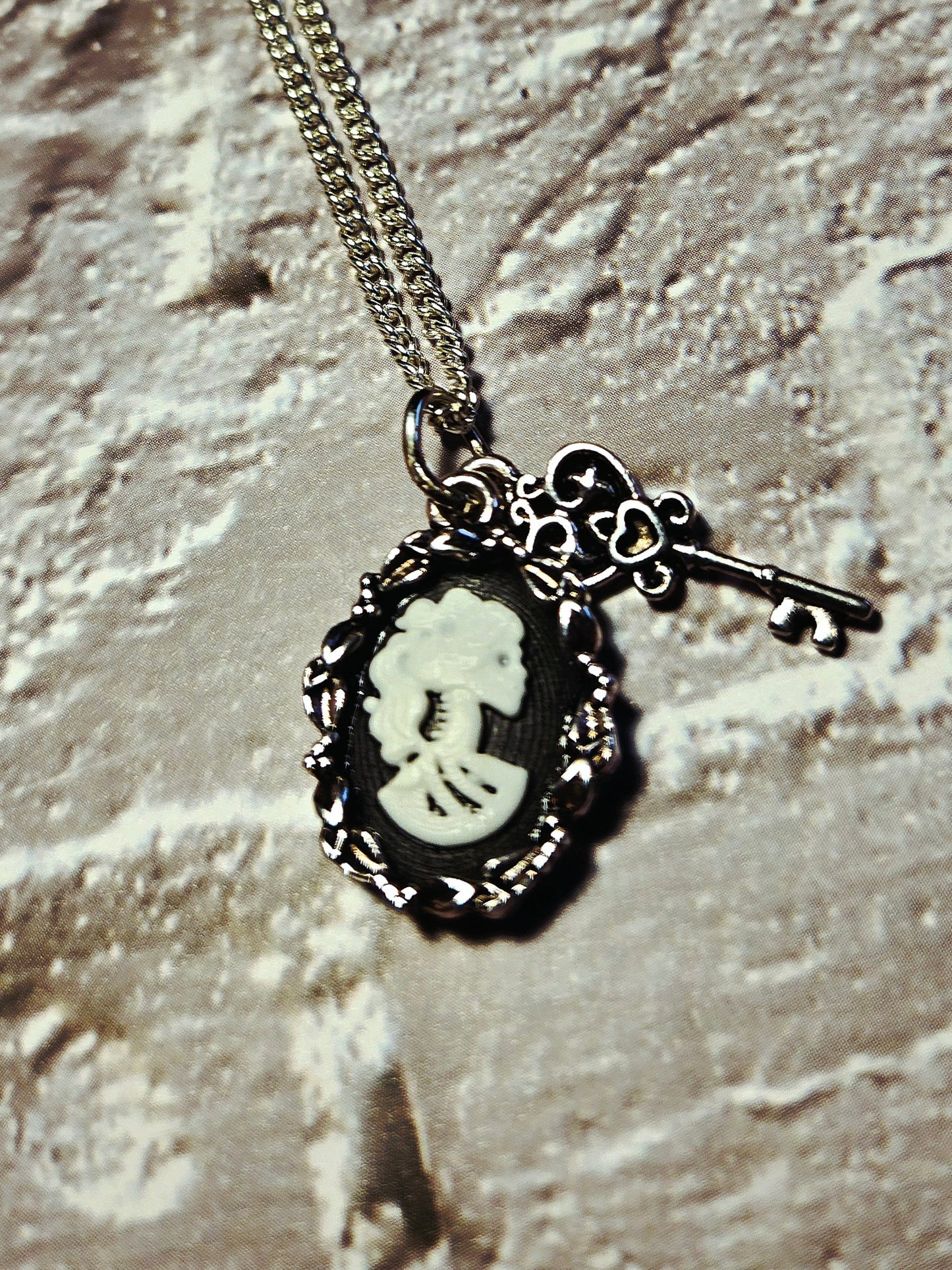 Vintage Cameo Necklace with Key • Gothic Victorian Jewelry • Antique-Style Pendant