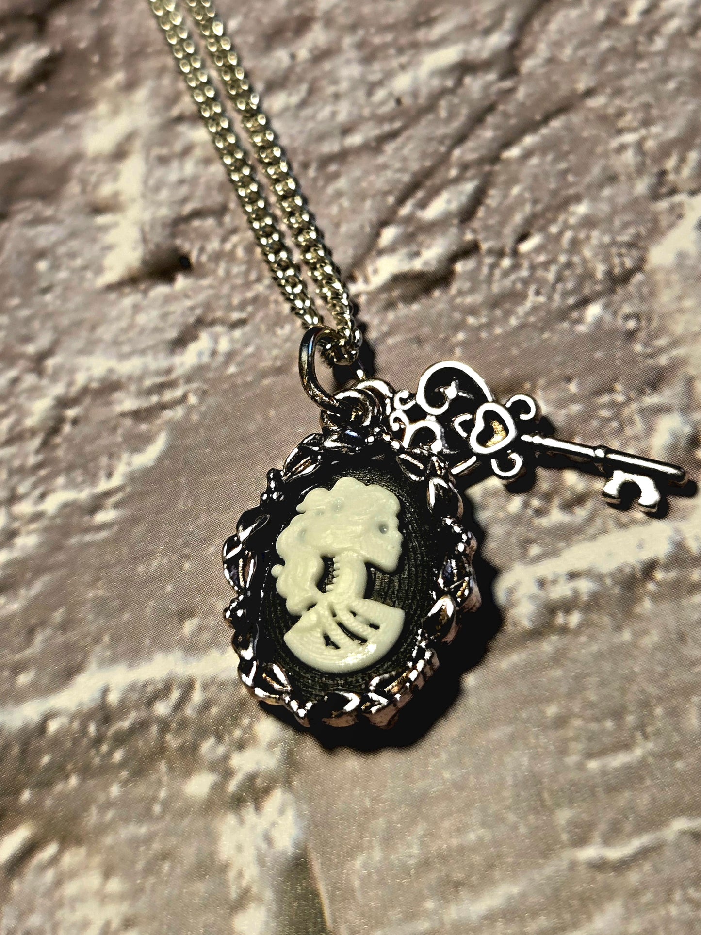 Vintage Cameo Necklace with Key • Gothic Victorian Jewelry • Antique-Style Pendant