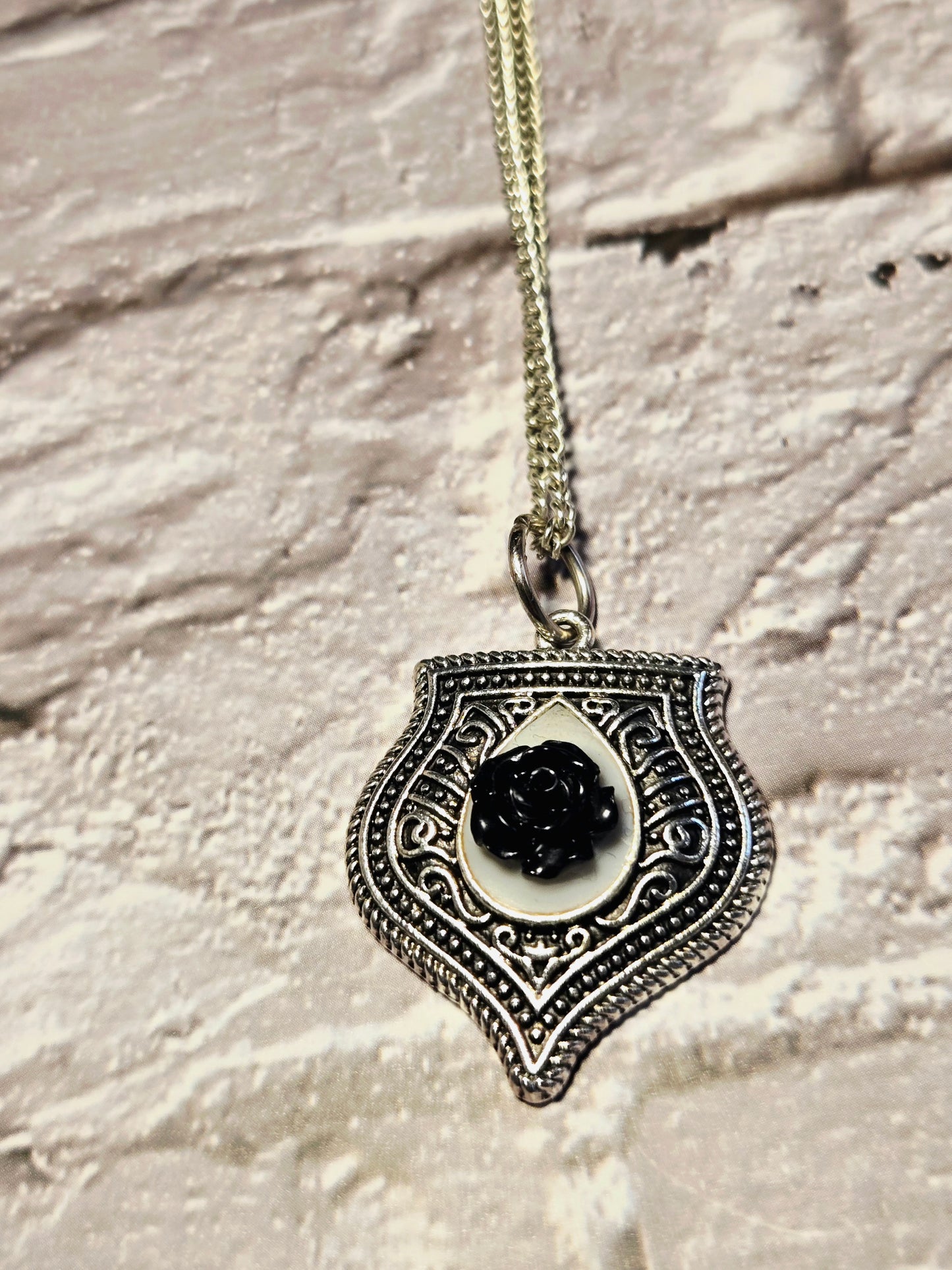 Black Rose Necklace • Gothic Shield Pendant • Dark Romantic Jewelry