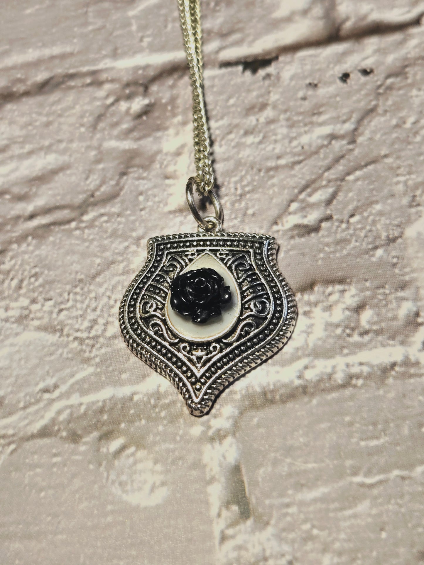 Black Rose Necklace • Gothic Shield Pendant • Dark Romantic Jewelry