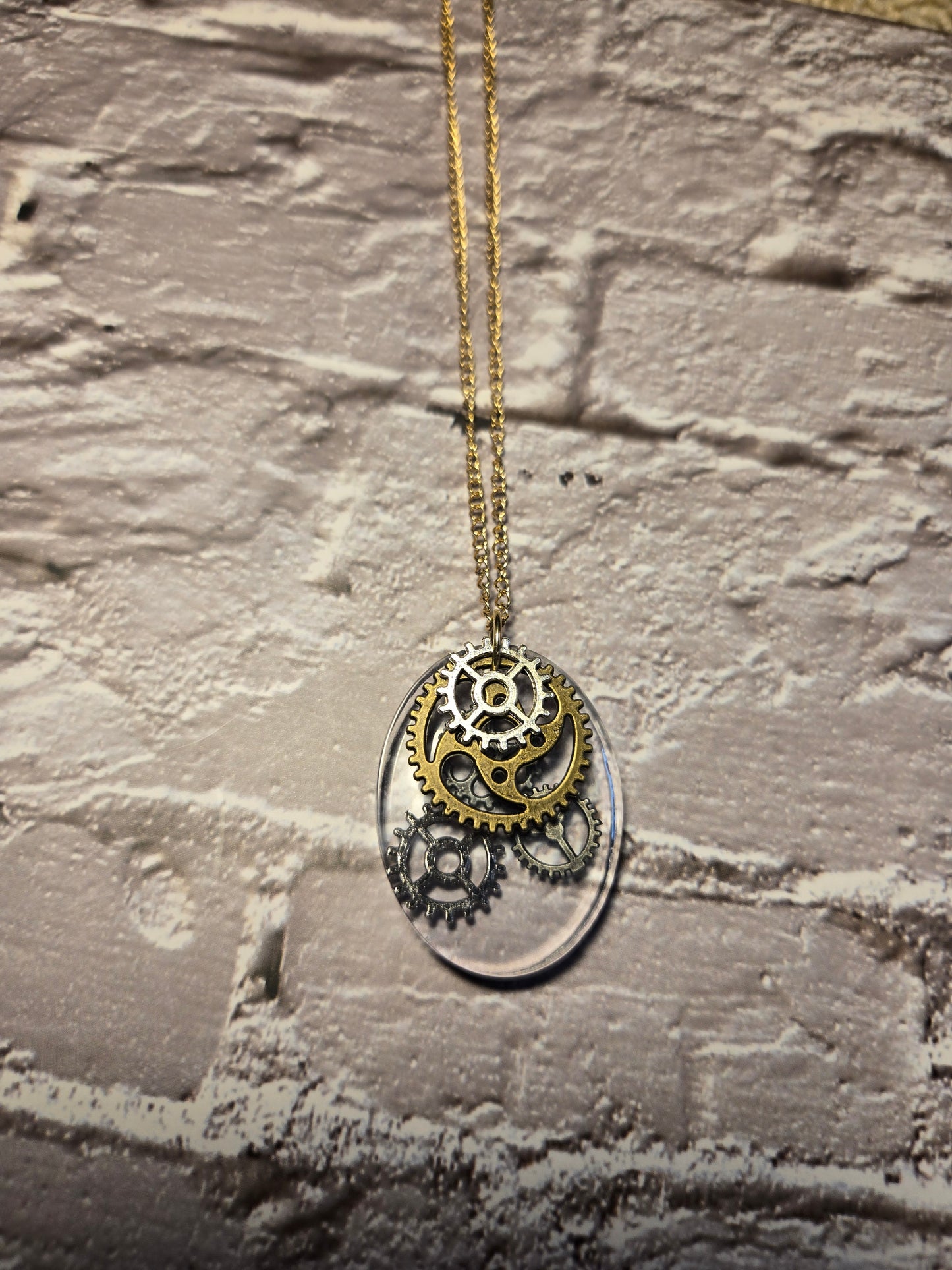 Steampunk Gear Necklace: Gold & Silver Resin Pendant