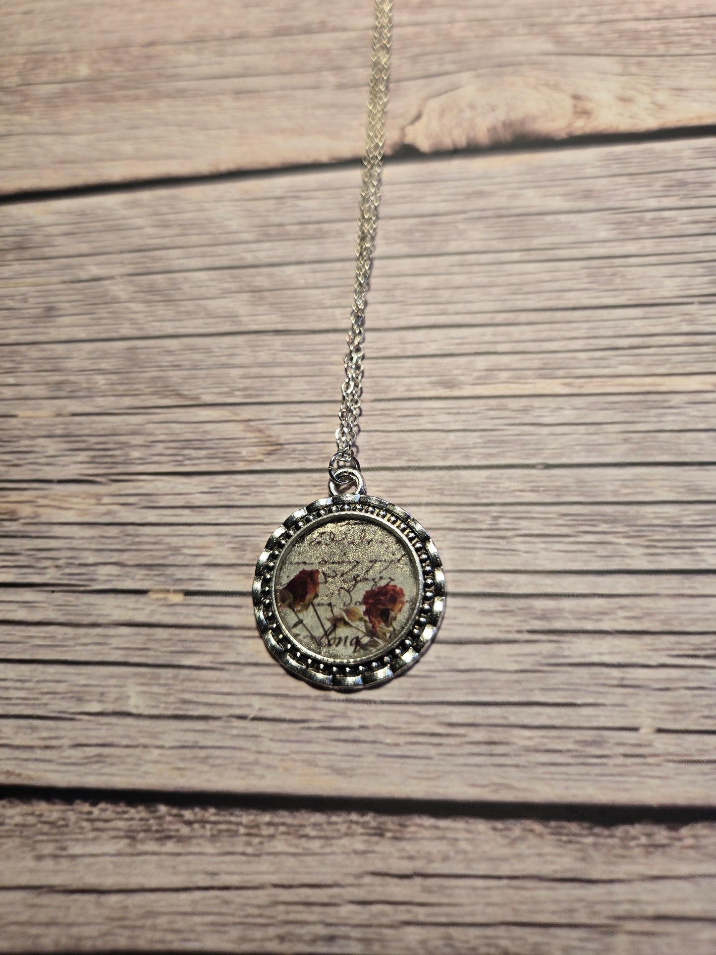 Vintage Rose Pendant Necklace: Antique Silver Script Jewelry