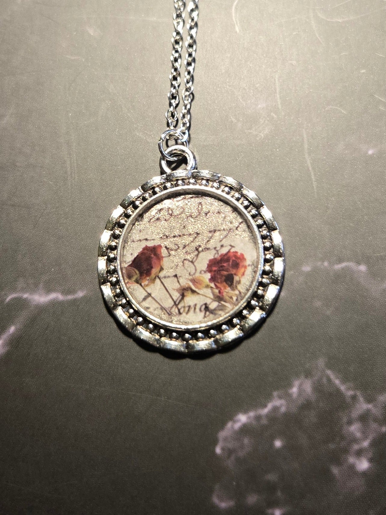 Vintage Rose Pendant Necklace: Antique Silver Script Jewelry