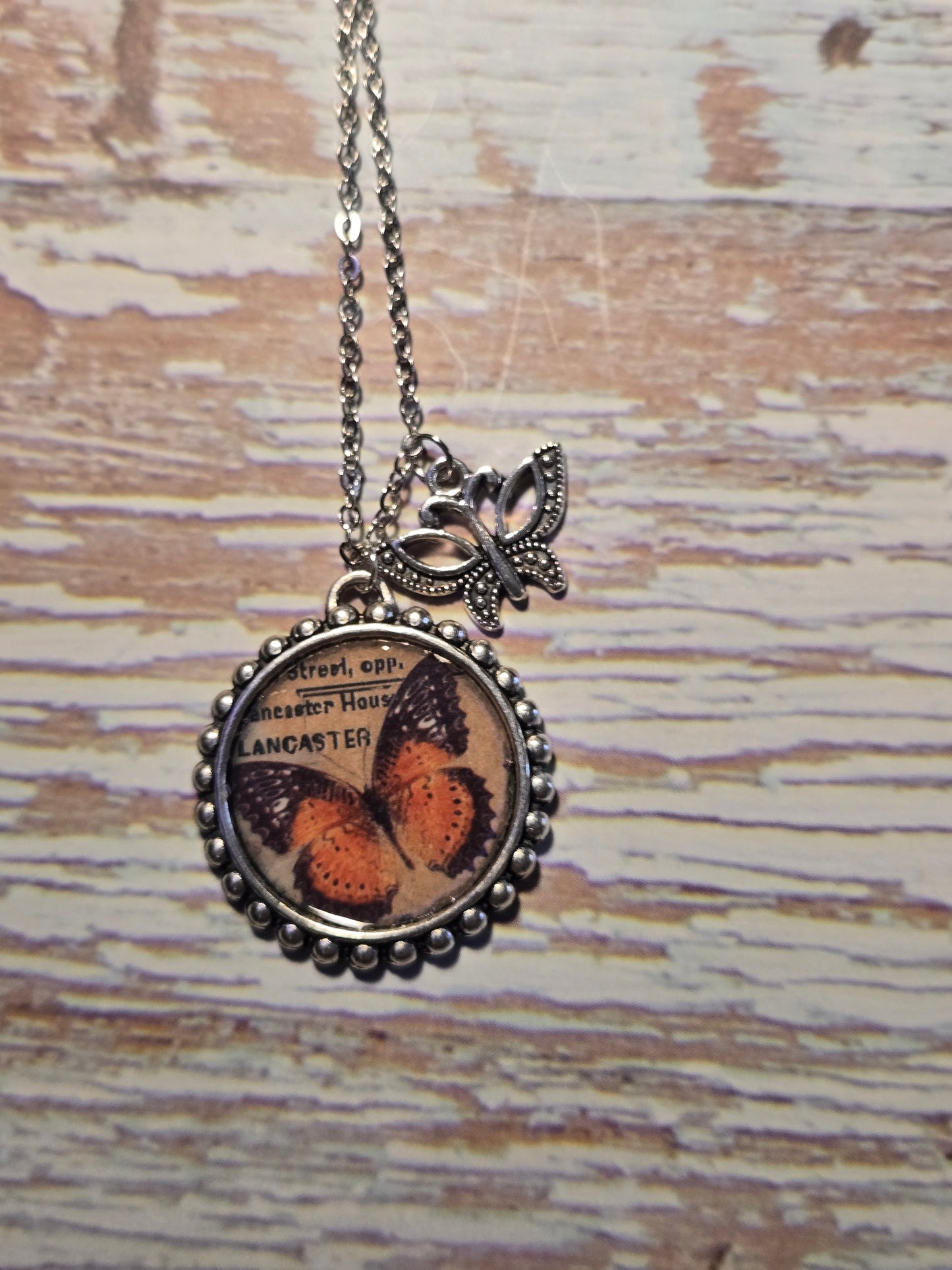 Butterfly Pendant Necklace – Vintage Monarch Illustration with Silver Butterfly Charm