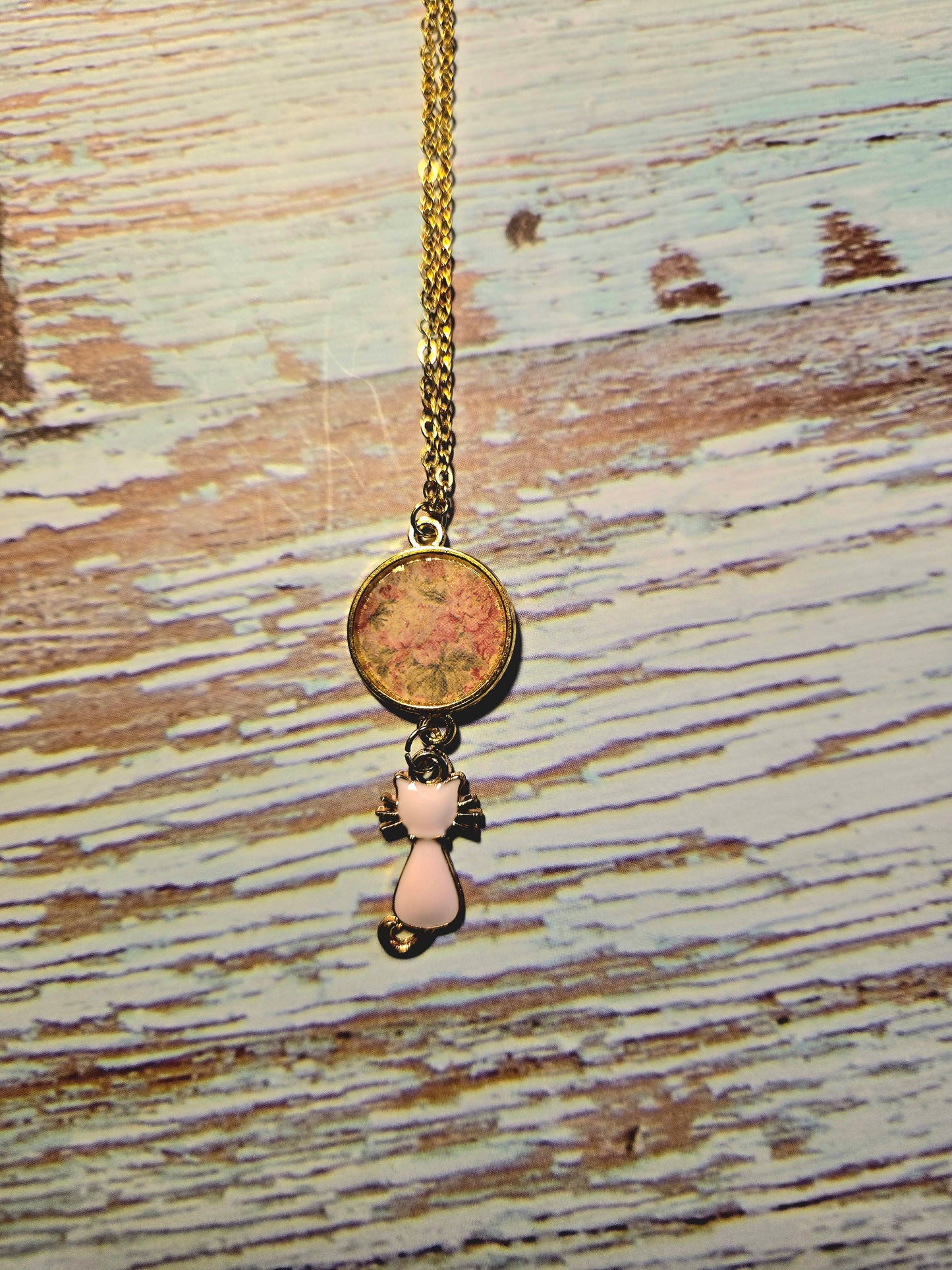 Gold and Pink Pendant Set in Gold with a Cat Charm