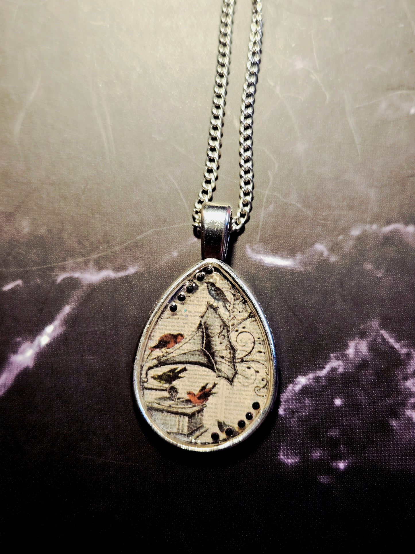 Whimsical Teardrop Pendant Necklace: Vintage Bird Collage, Resin Charm