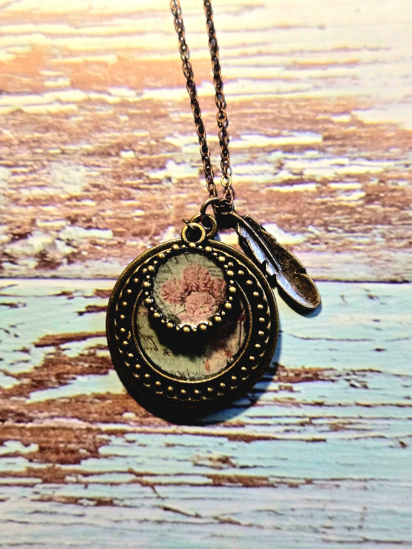 Vintage Floral Pendant Necklace: Pink Flower Illustration, Feather Charm
