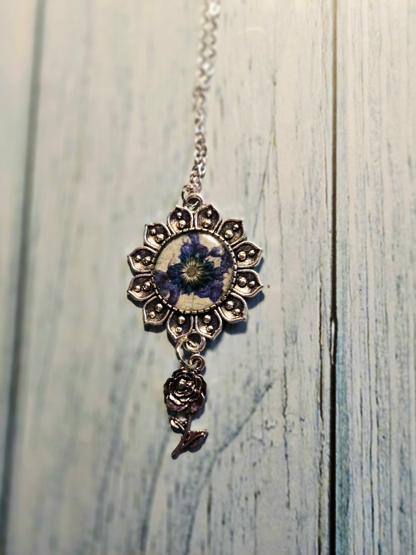Blue Flower Necklace • Sunburst Pendant with Rose Charm • Vintage Floral Jewelry
