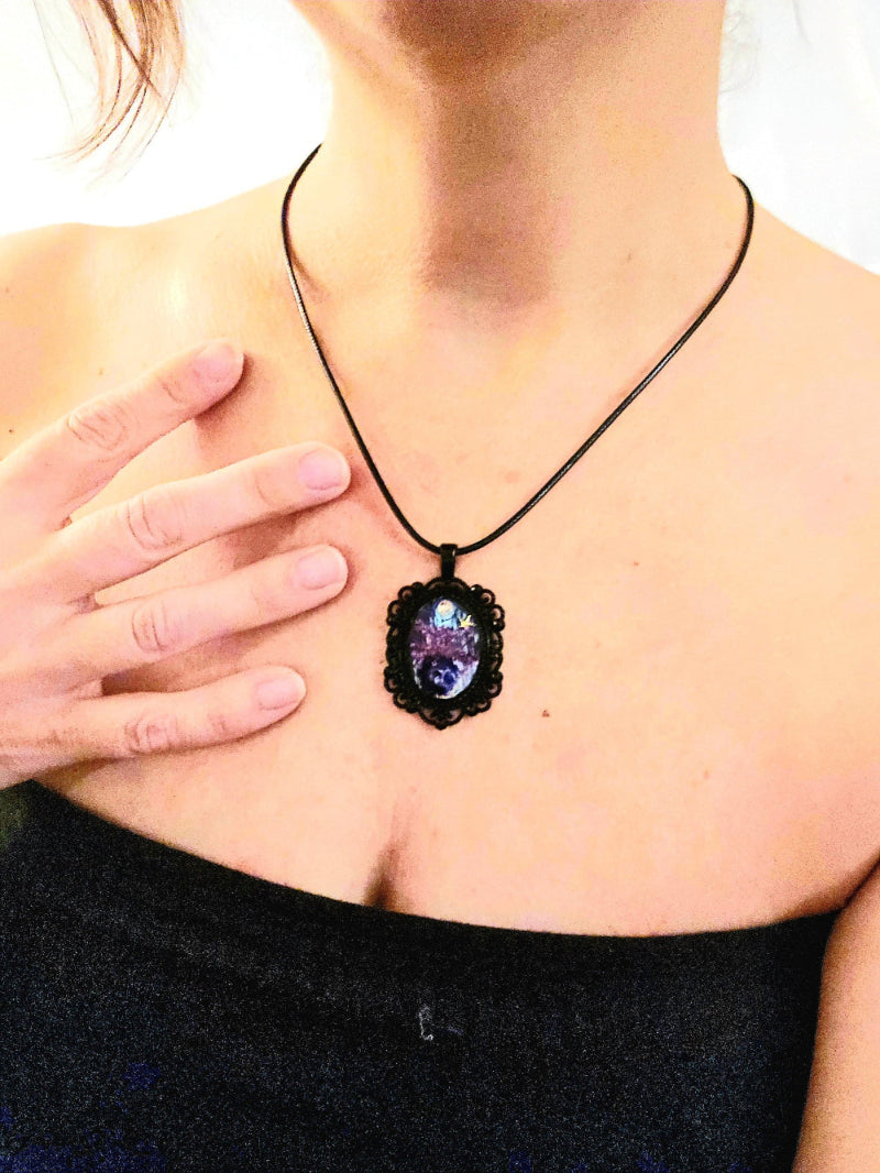 Galaxy Pendant Necklace – Cosmic Purple Nebula Jewelry in Vintage Silver Frame
