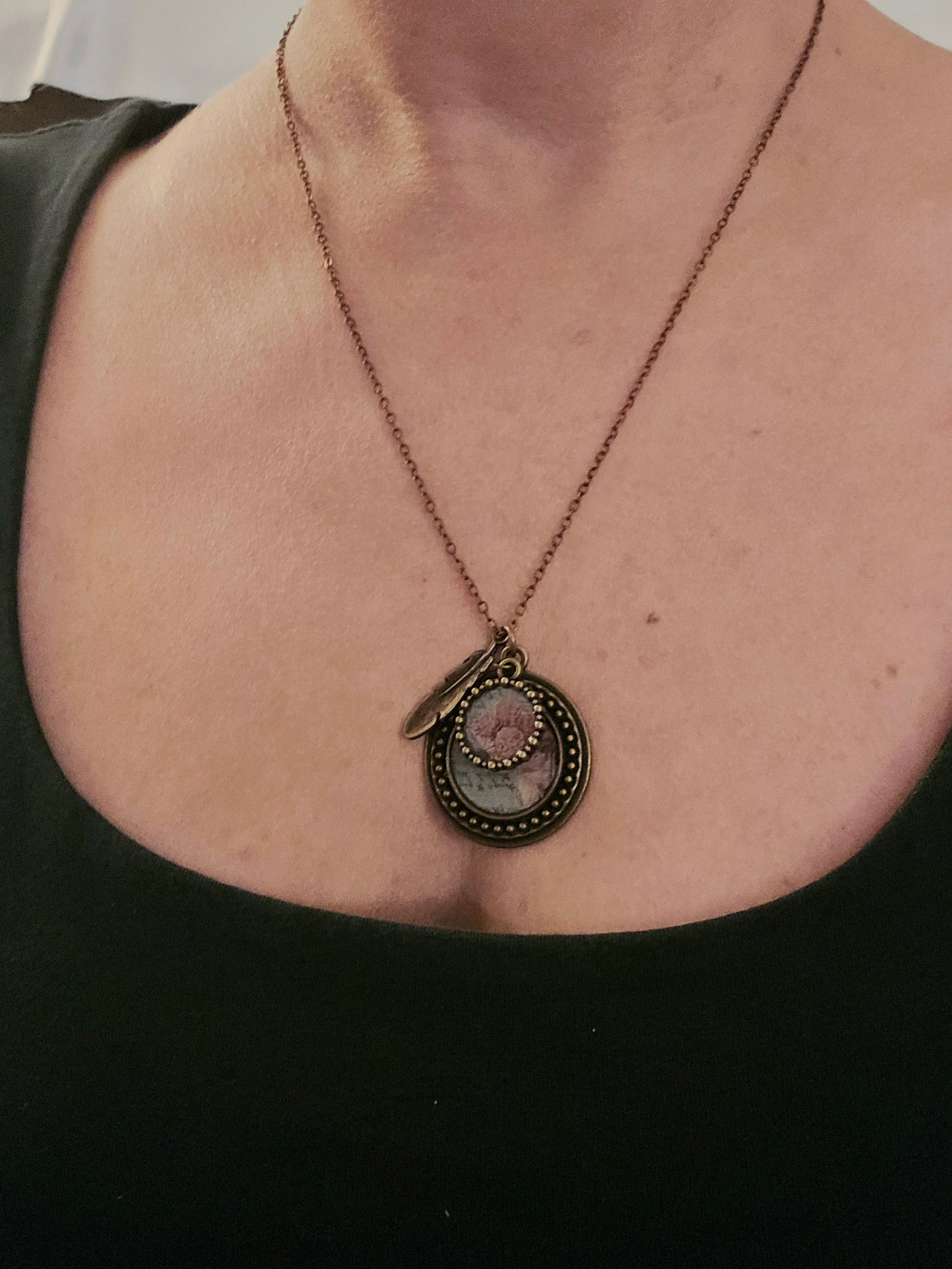 Vintage Floral Pendant Necklace: Pink Flower Illustration, Feather Charm