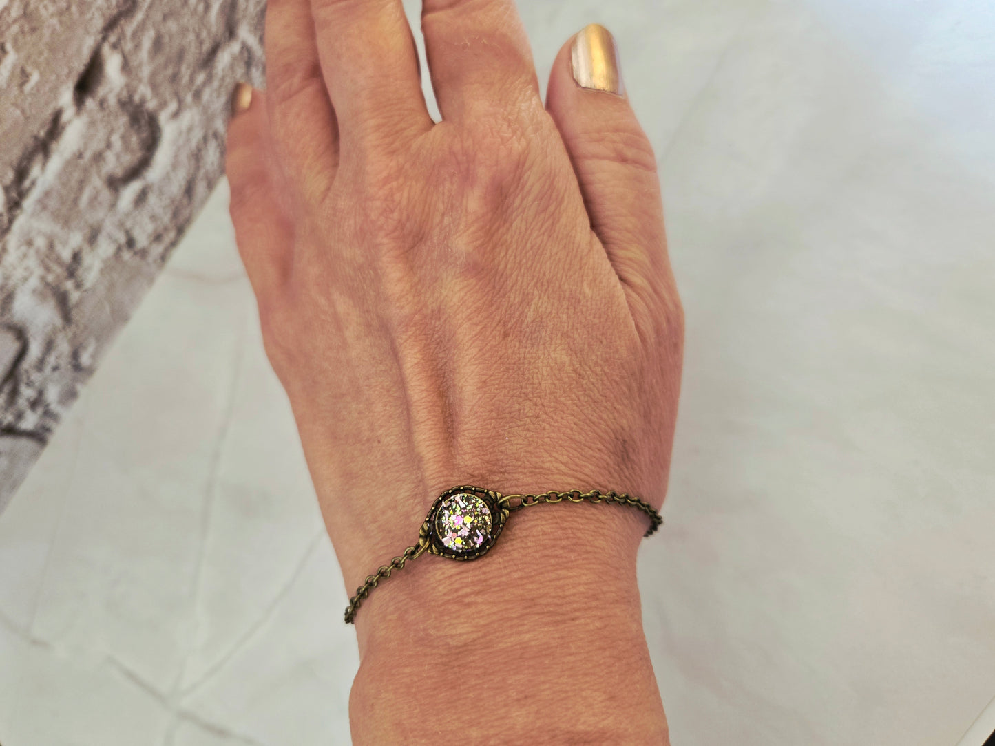 Boho Druzy Flower Bracelet: Antique Bronze Chain, Enamel Charm