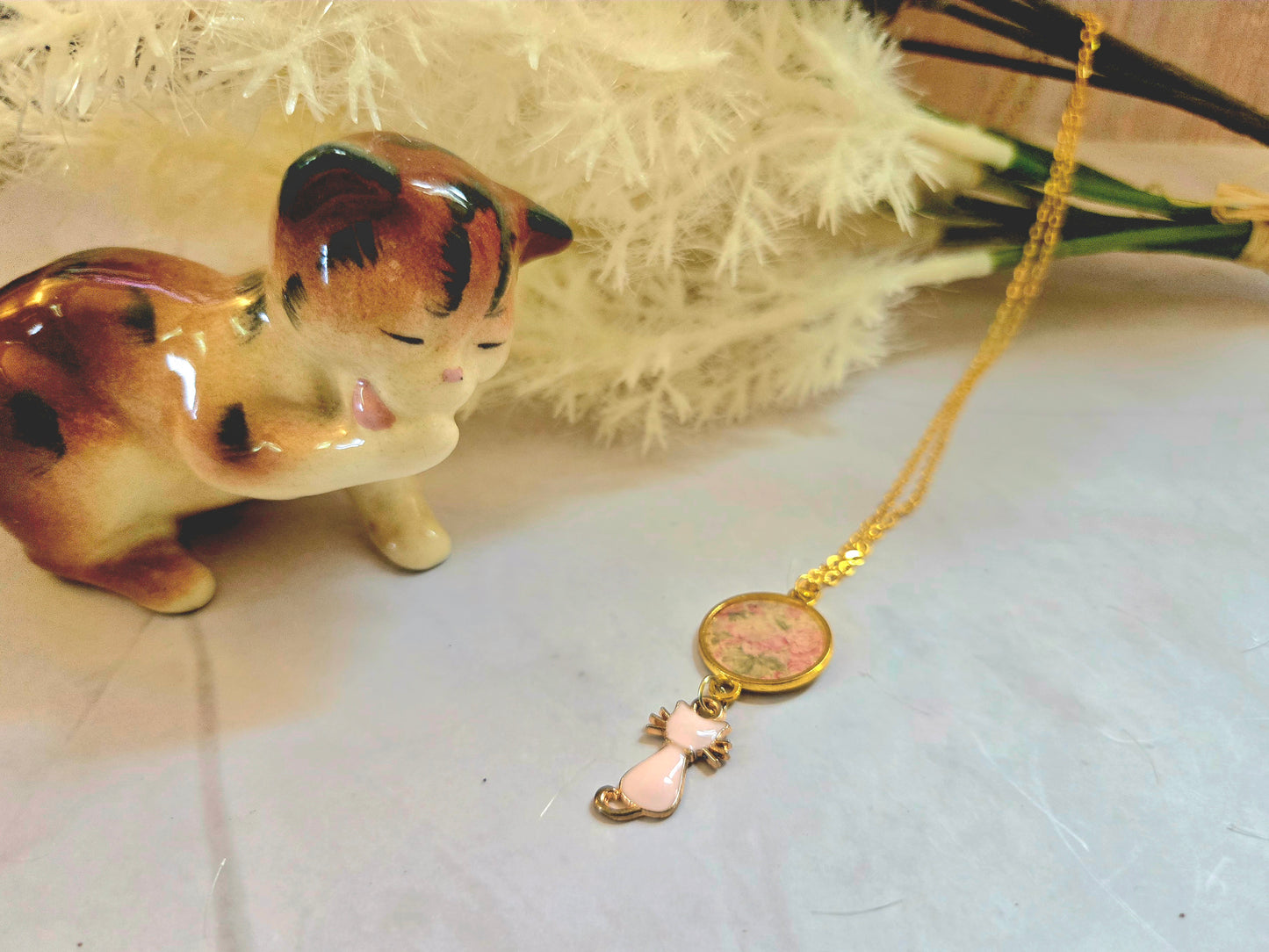 Gold and Pink Pendant Set in Gold with a Cat Charm