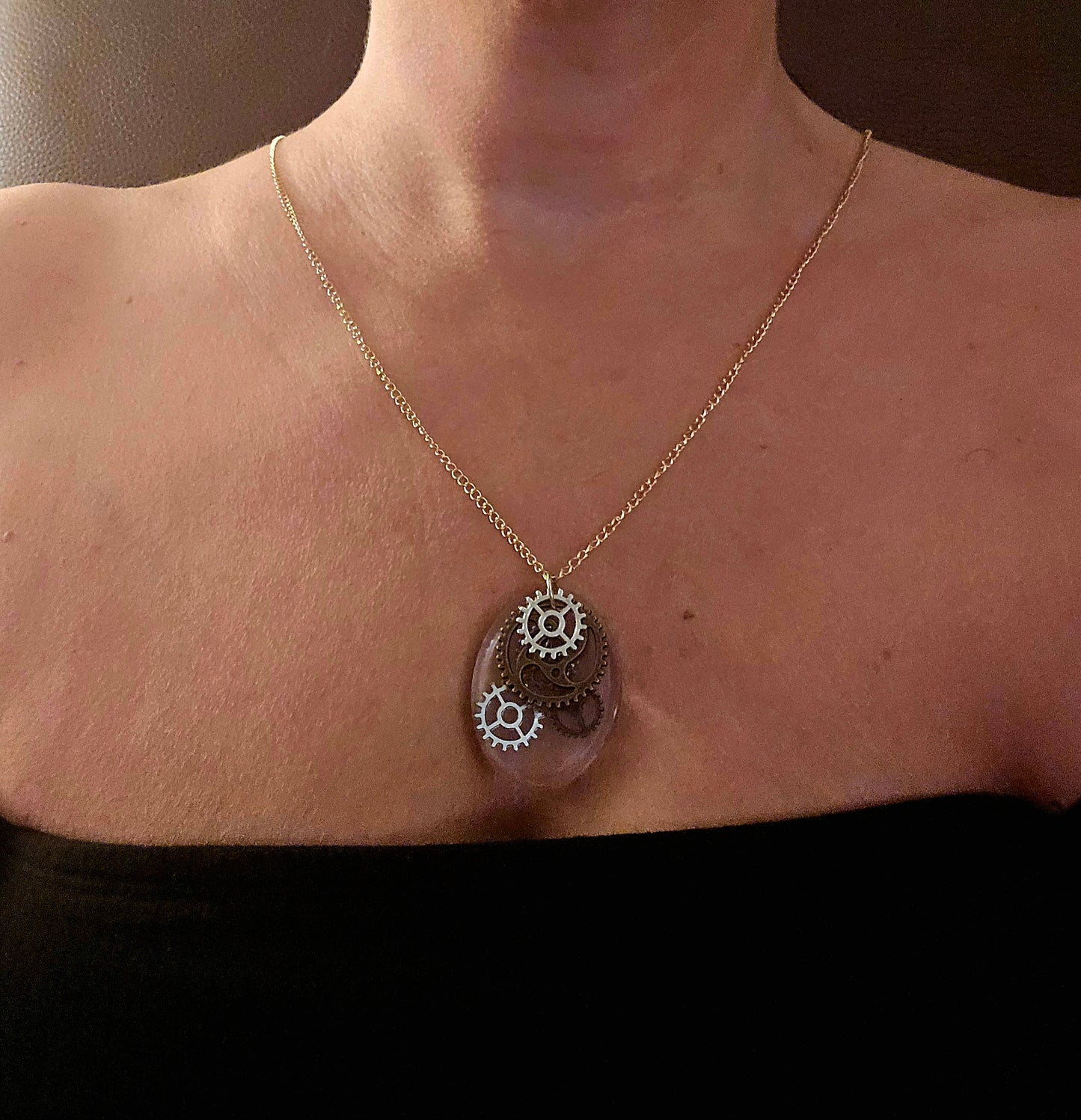 Steampunk Gear Necklace: Gold & Silver Resin Pendant