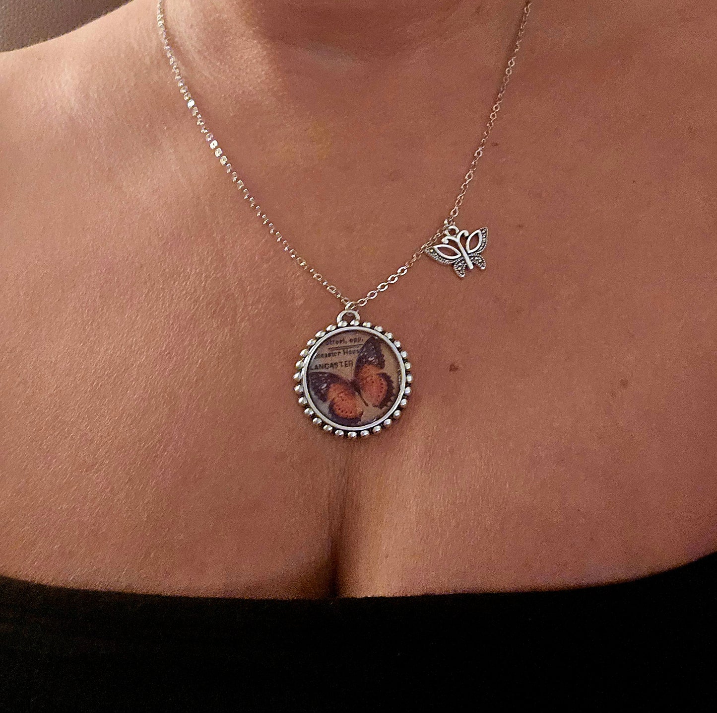 Butterfly Pendant Necklace – Vintage Monarch Illustration with Silver Butterfly Charm