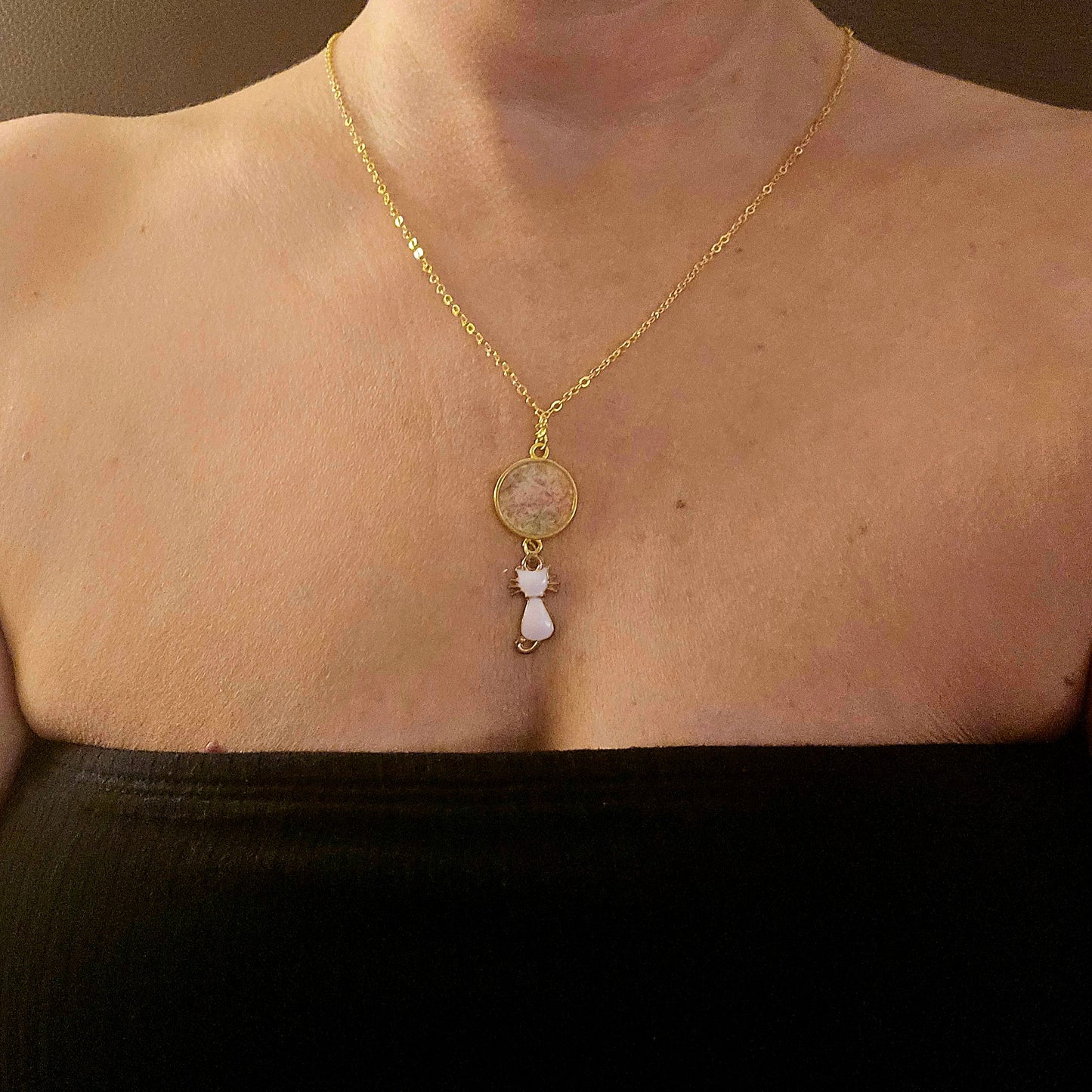 Gold and Pink Pendant Set in Gold with a Cat Charm