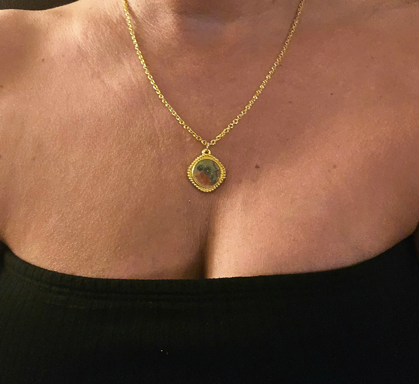 Handmade Spiritual Pendant with Gold Frame | Glitter Resin Charm Necklace Goddess Jewelry
