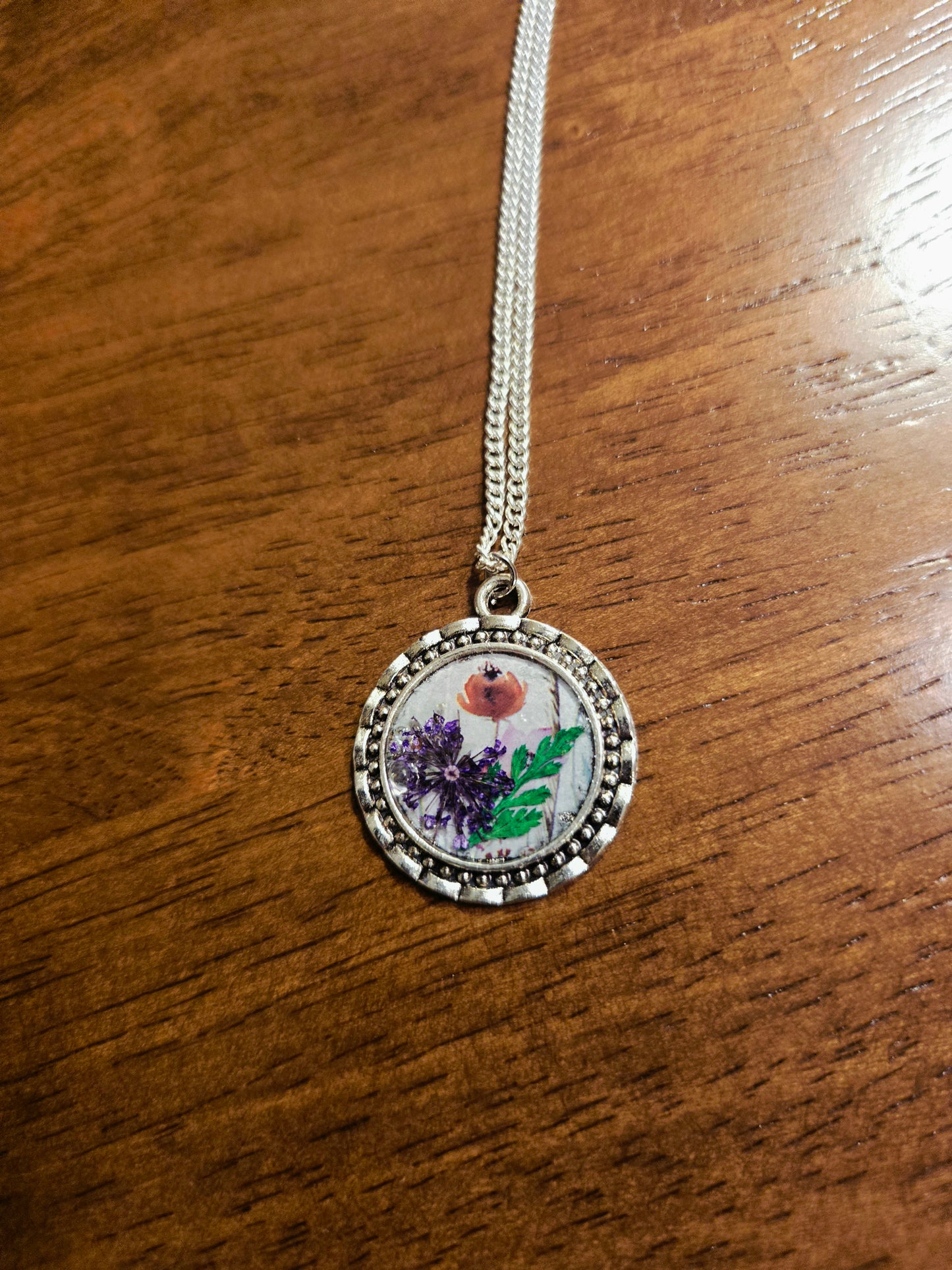 Wildflower Pendant Necklace: Real Dried Blooms, Silver Frame