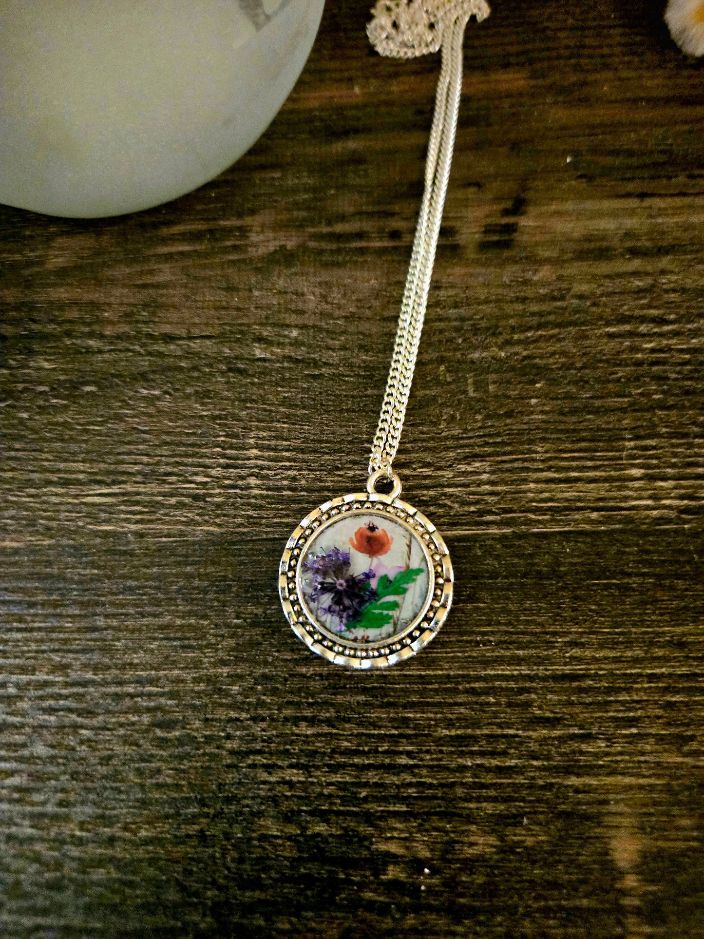 Wildflower Pendant Necklace: Real Dried Blooms, Silver Frame