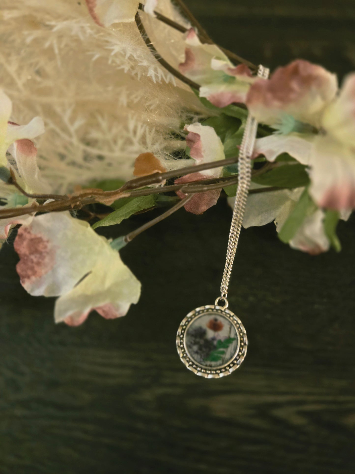 Wildflower Pendant Necklace: Real Dried Blooms, Silver Frame